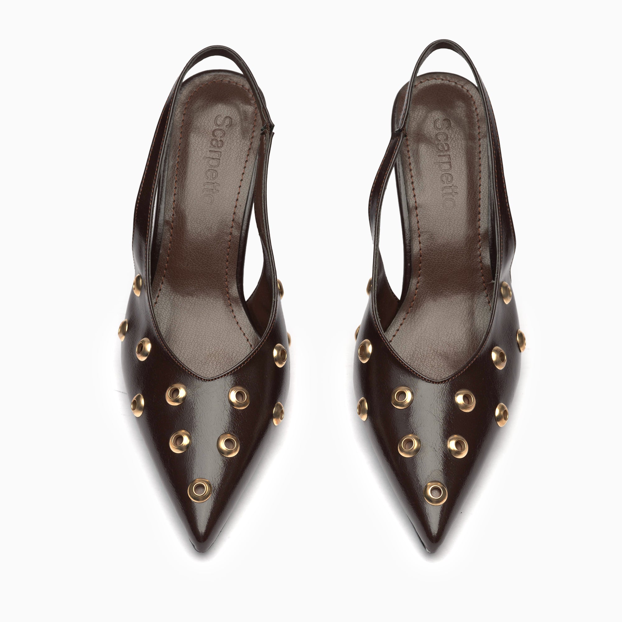 Aurelia Espresso Brown Grommet-Studded Pointed Slingback Pump — top view | Scarpetto