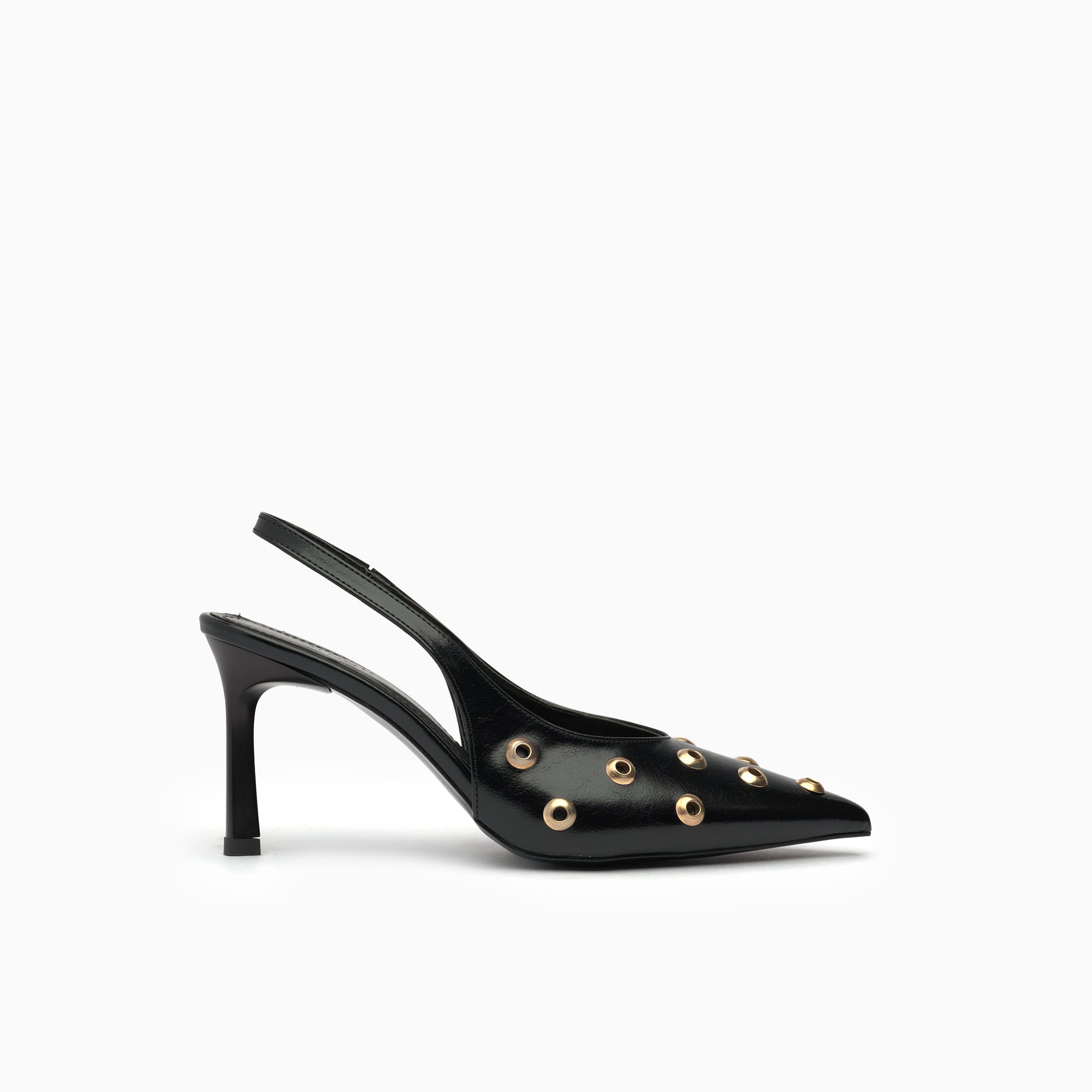 Aurelia Jet Black Grommet-Studded Pointed Slingback Pump — side view | Scarpetto