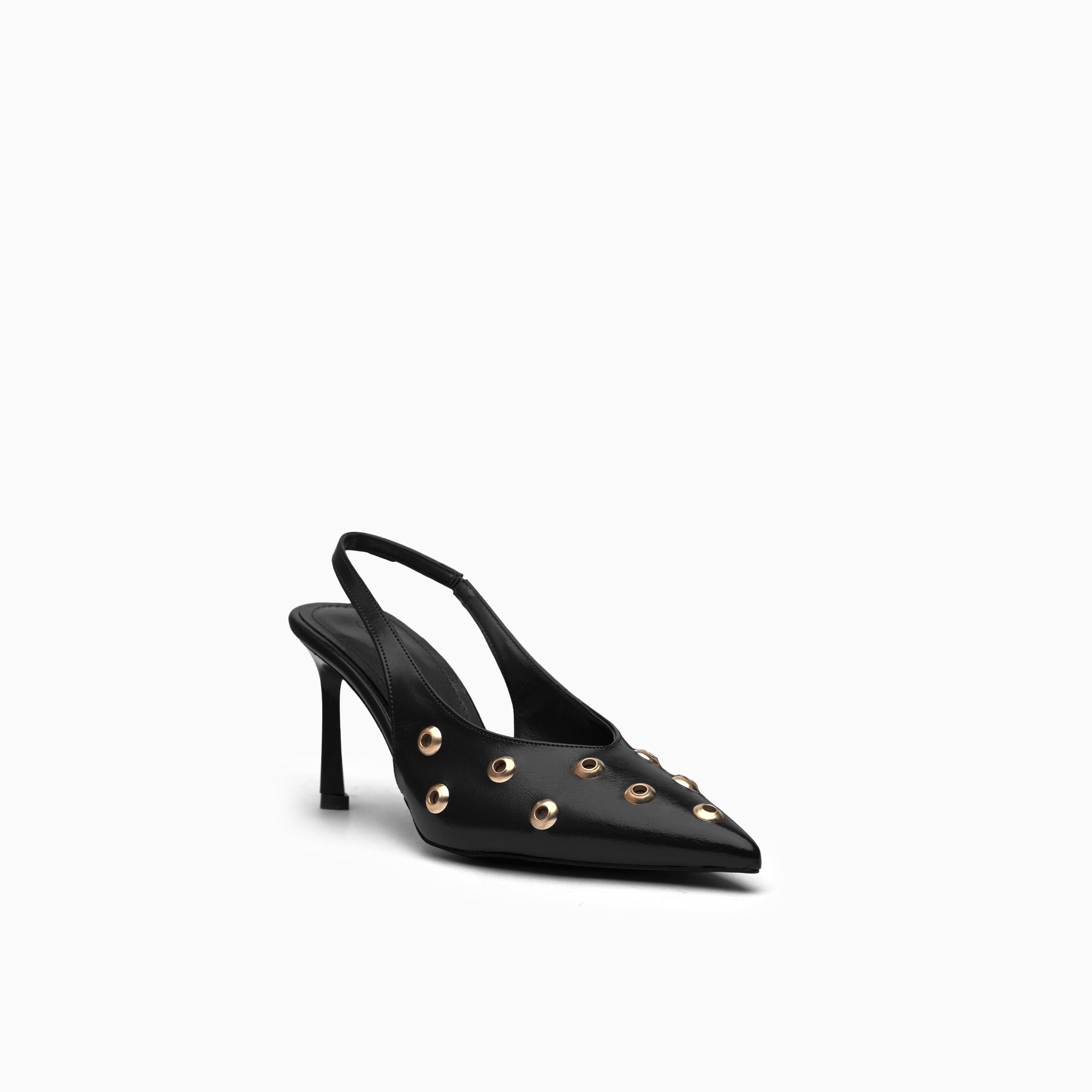 Aurelia Jet Black Grommet-Studded Pointed Slingback Pump — three-quarter view | Scarpetto