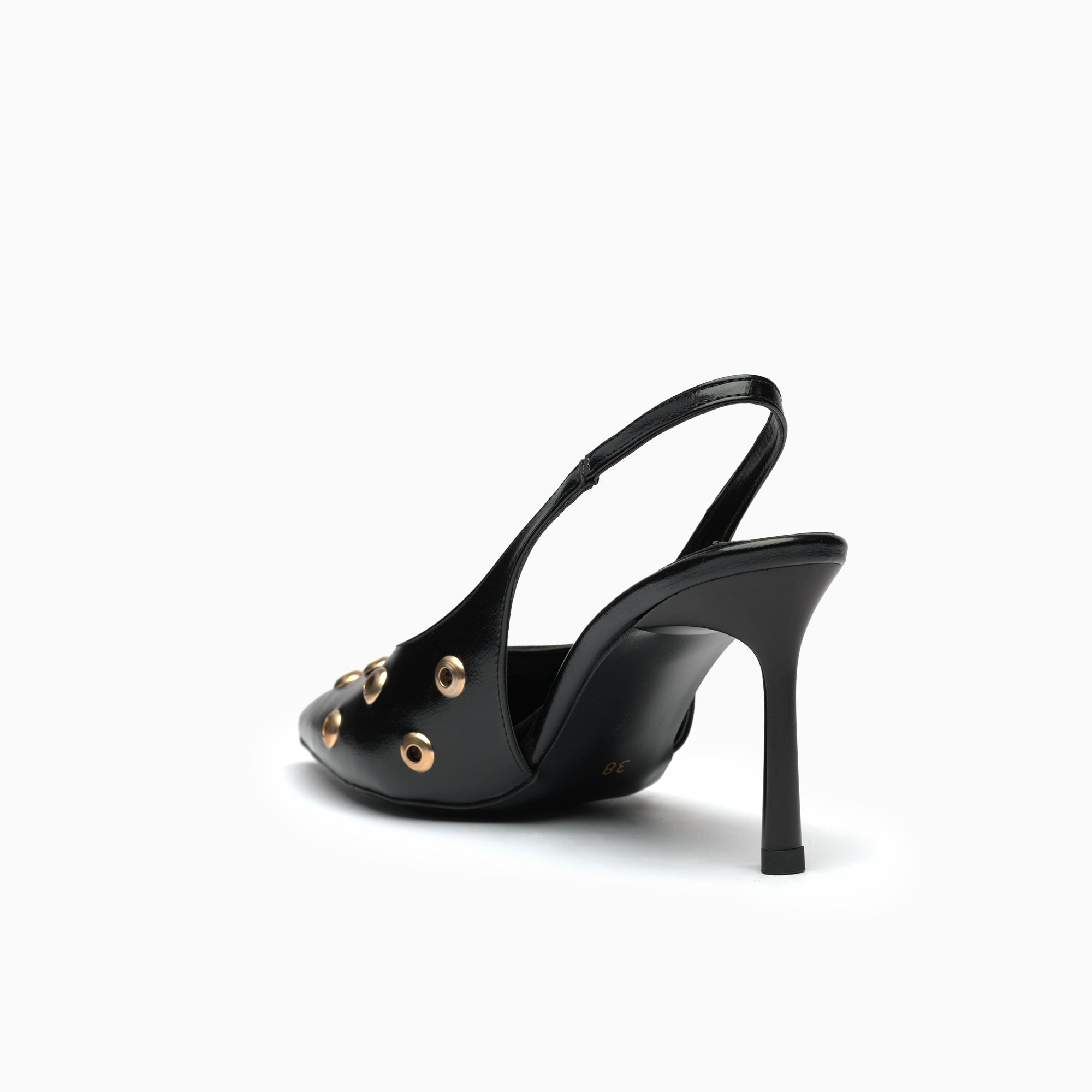 Aurelia Jet Black Grommet-Studded Pointed Slingback Pump — heel detail | Scarpetto