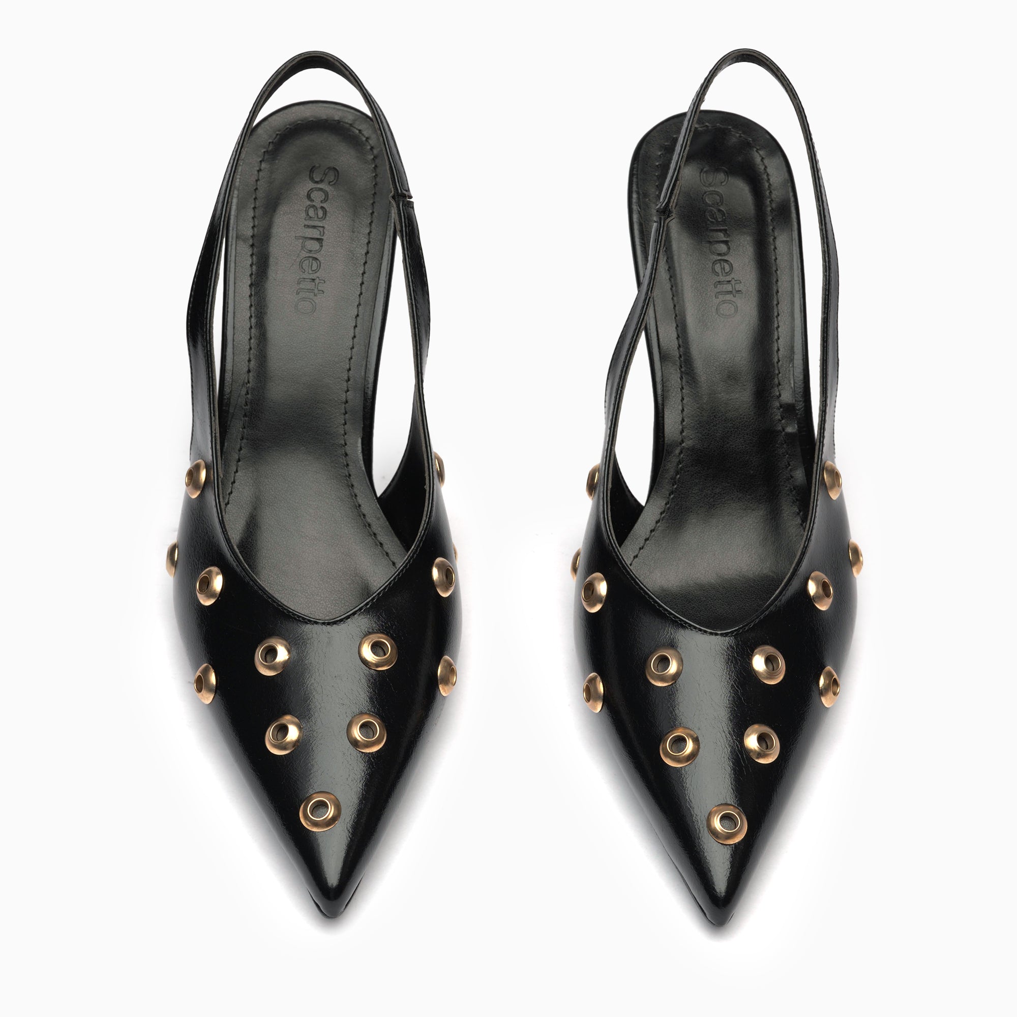 Aurelia Jet Black Grommet-Studded Pointed Slingback Pump — top view | Scarpetto