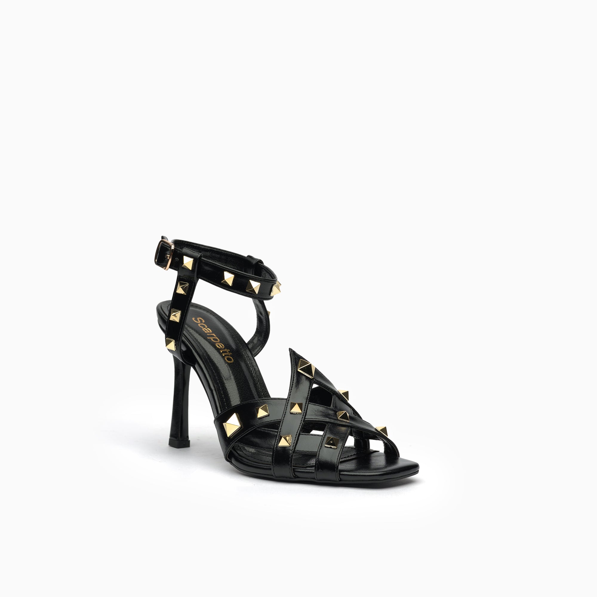 Borchia Jet Black Studded Ankle-Strap Sandal — three-quarter view | Scarpetto