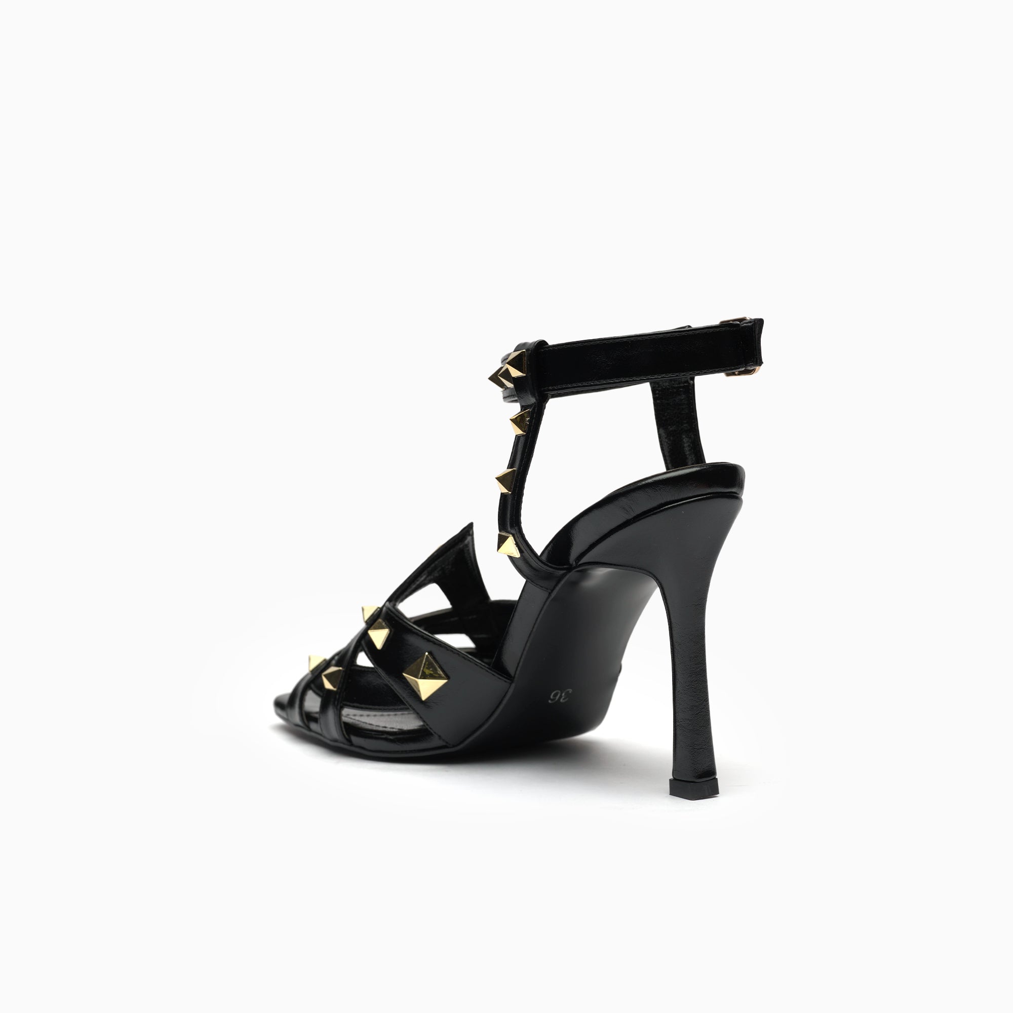 Borchia Jet Black Studded Ankle-Strap Sandal — heel detail | Scarpetto