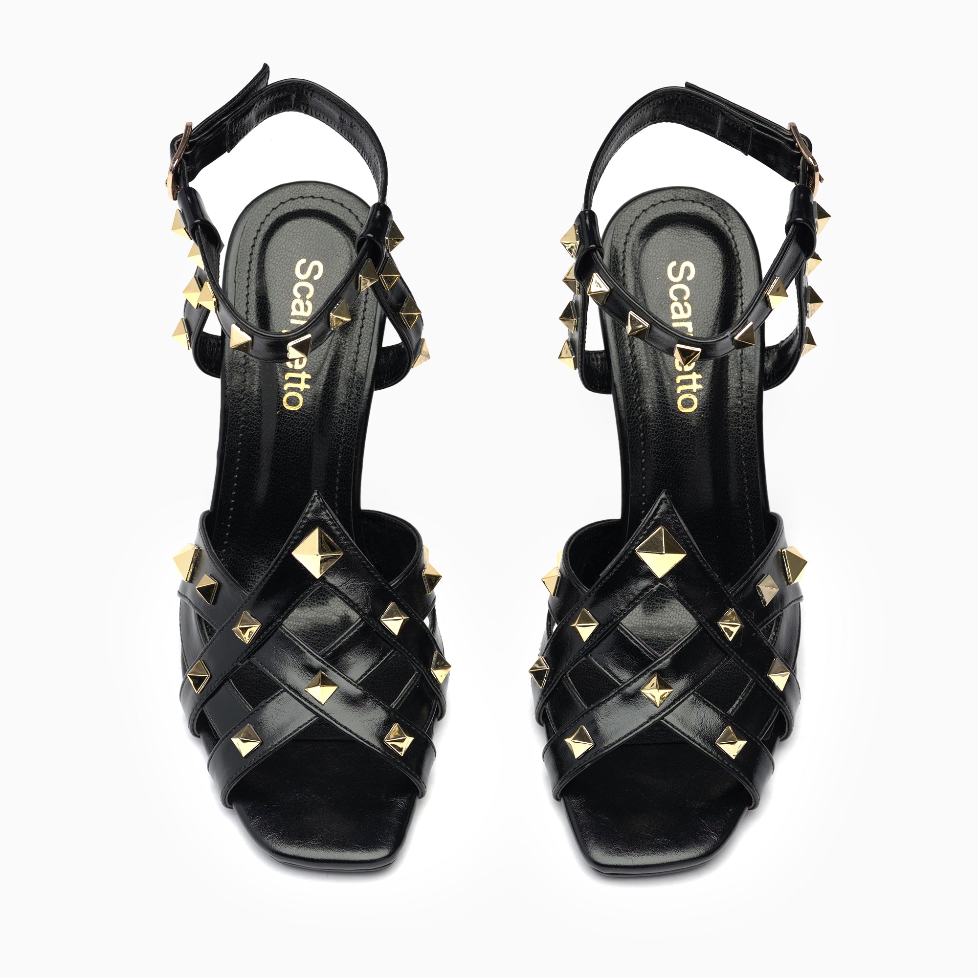 Borchia Jet Black Studded Ankle-Strap Sandal — top view | Scarpetto