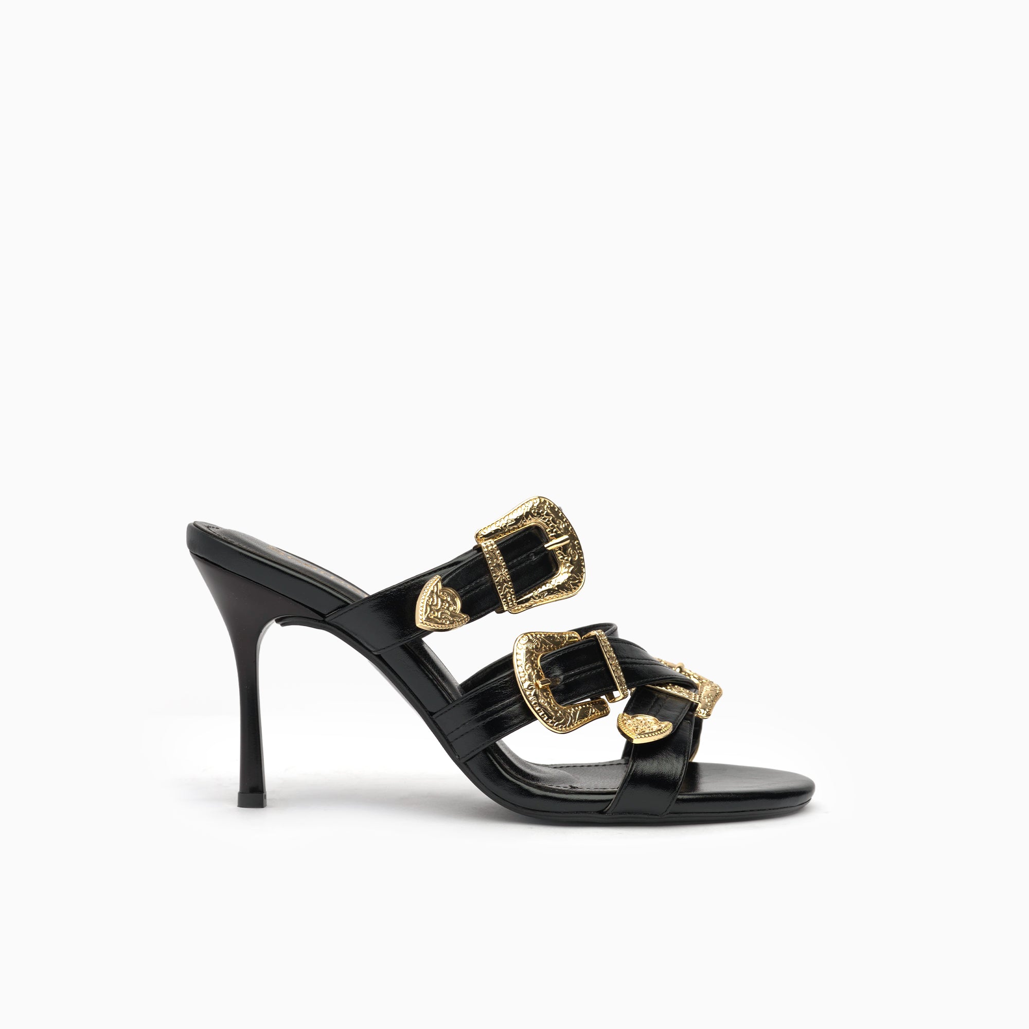 Briglia Jet Black Western Buckle Mule — side view | Scarpetto
