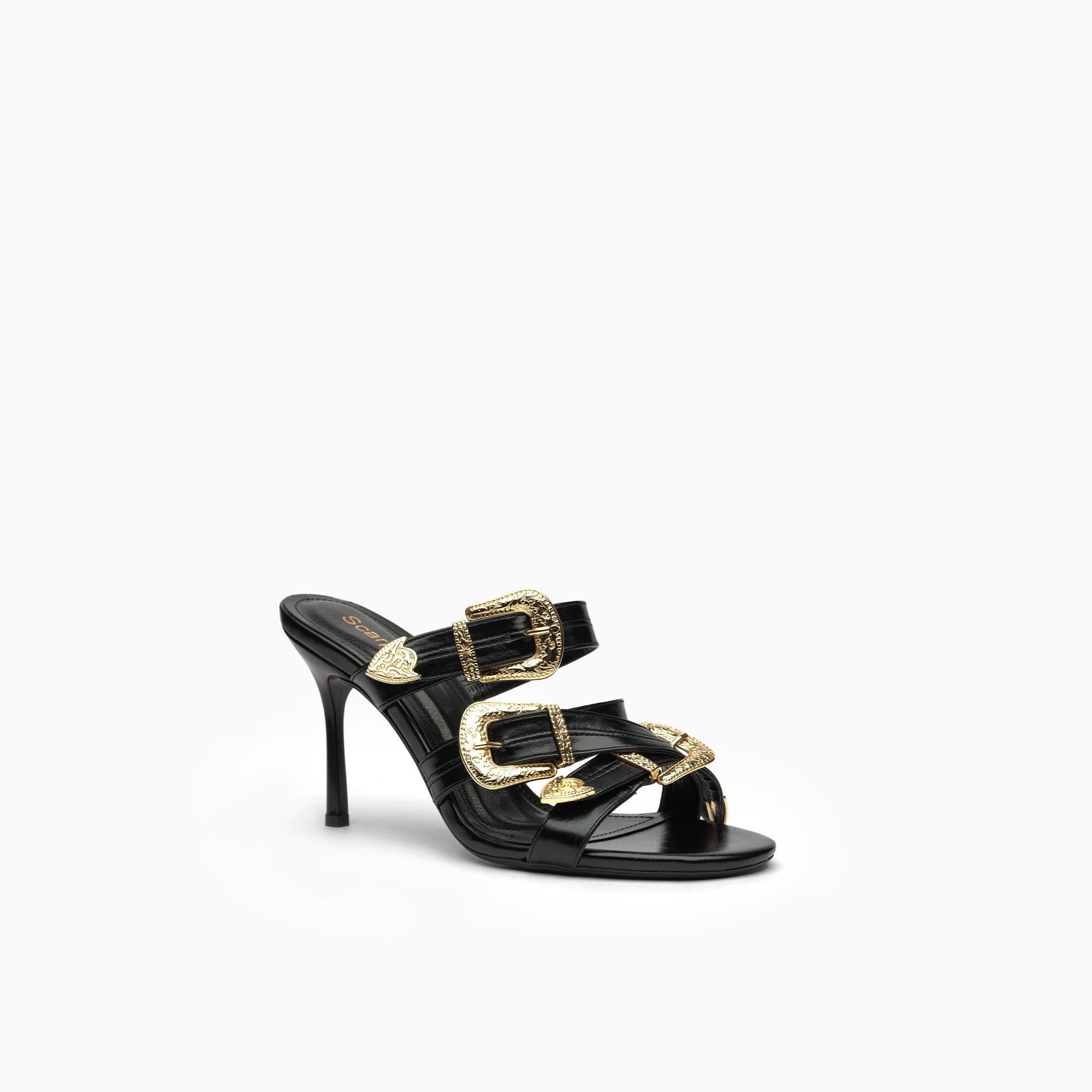 Briglia Jet Black Western Buckle Mule — three-quarter view | Scarpetto