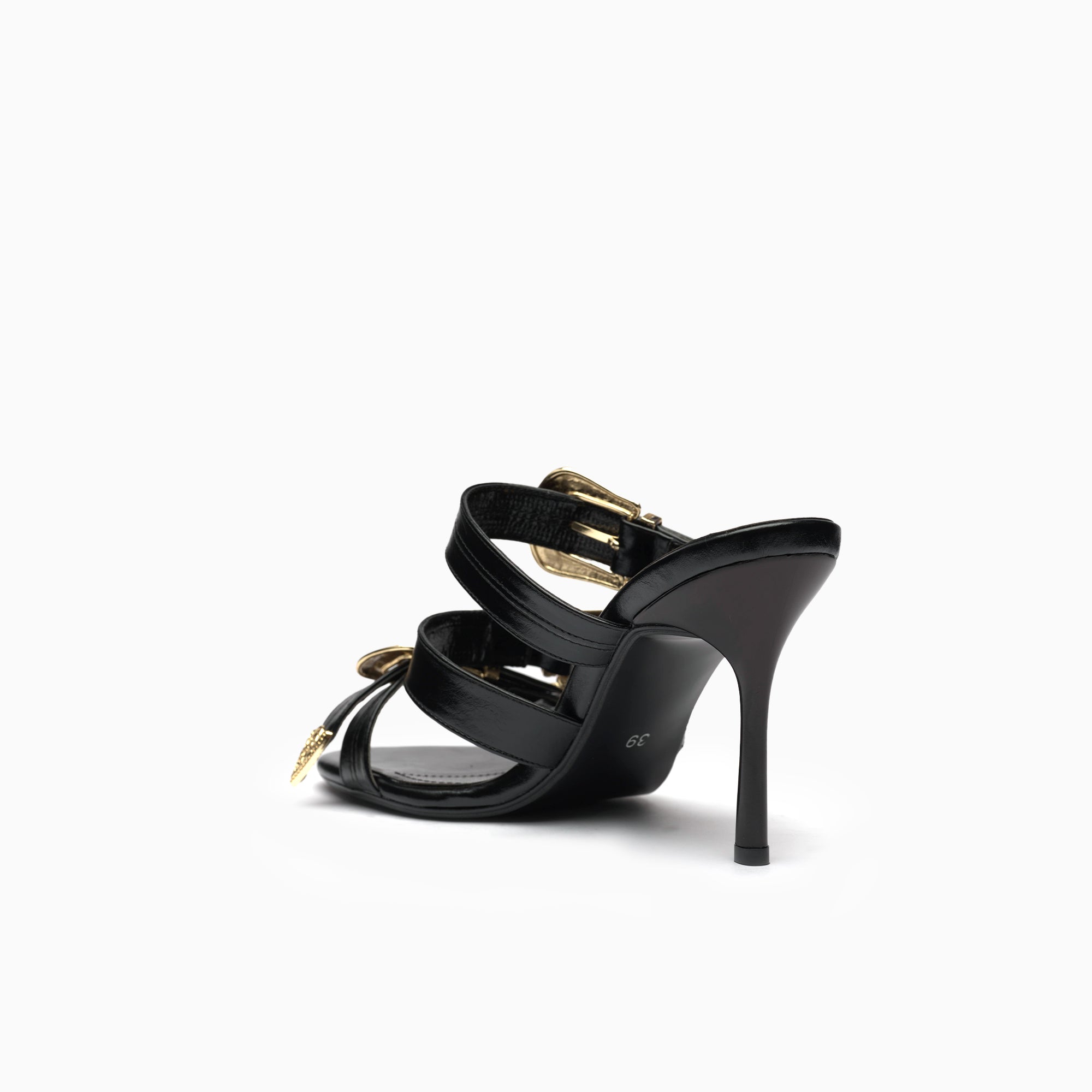Briglia Jet Black Western Buckle Mule — heel detail | Scarpetto