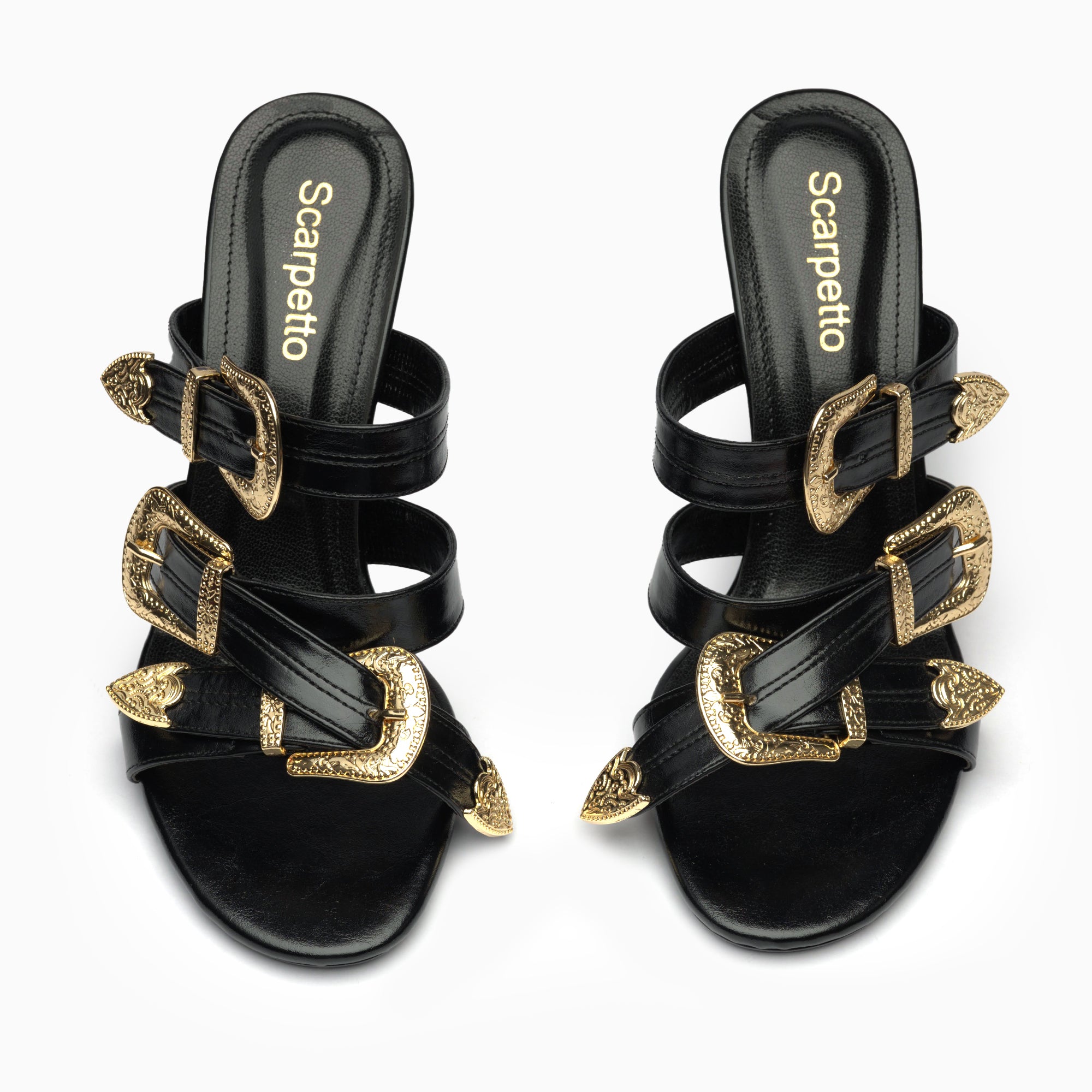 Briglia Jet Black Western Buckle Mule — top view | Scarpetto