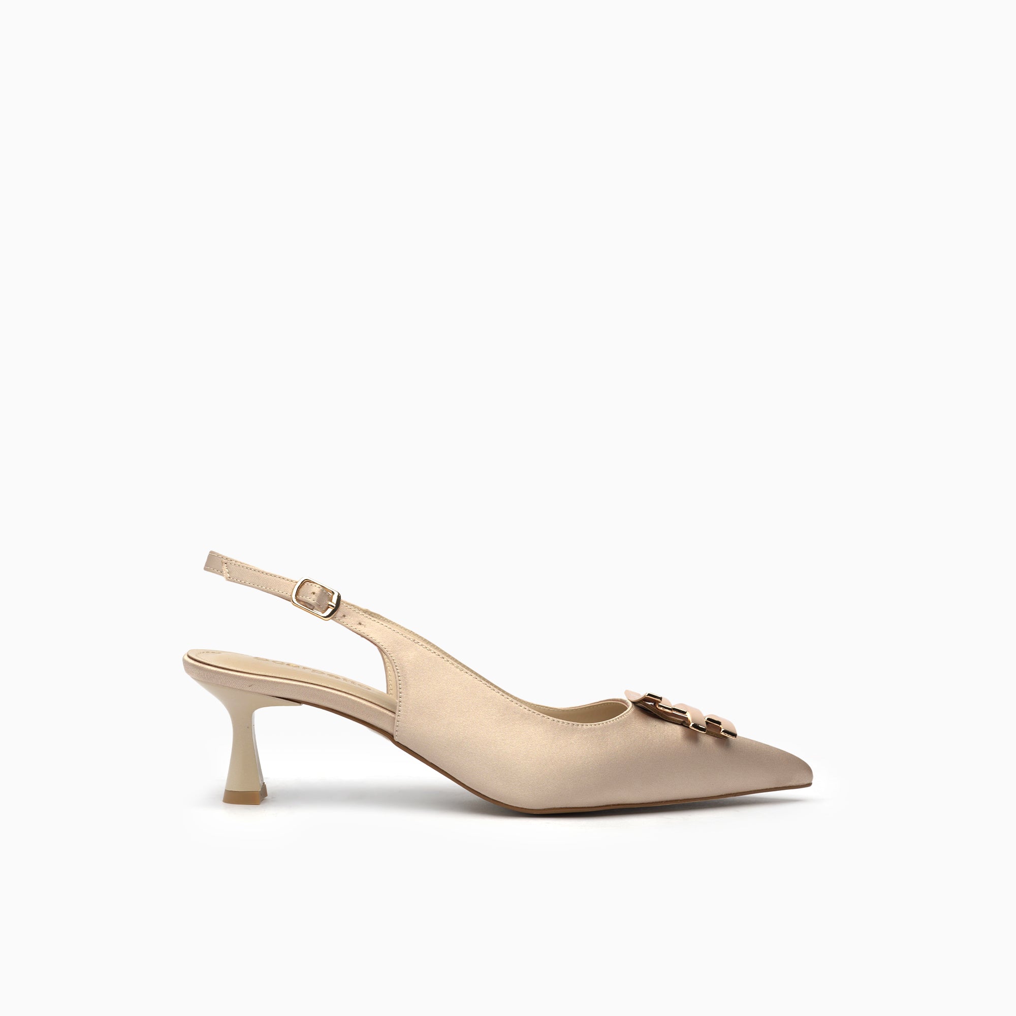 Catena Champagne Satin Satin Slingback Pump With Gold Chain Detail — side view | Scarpetto