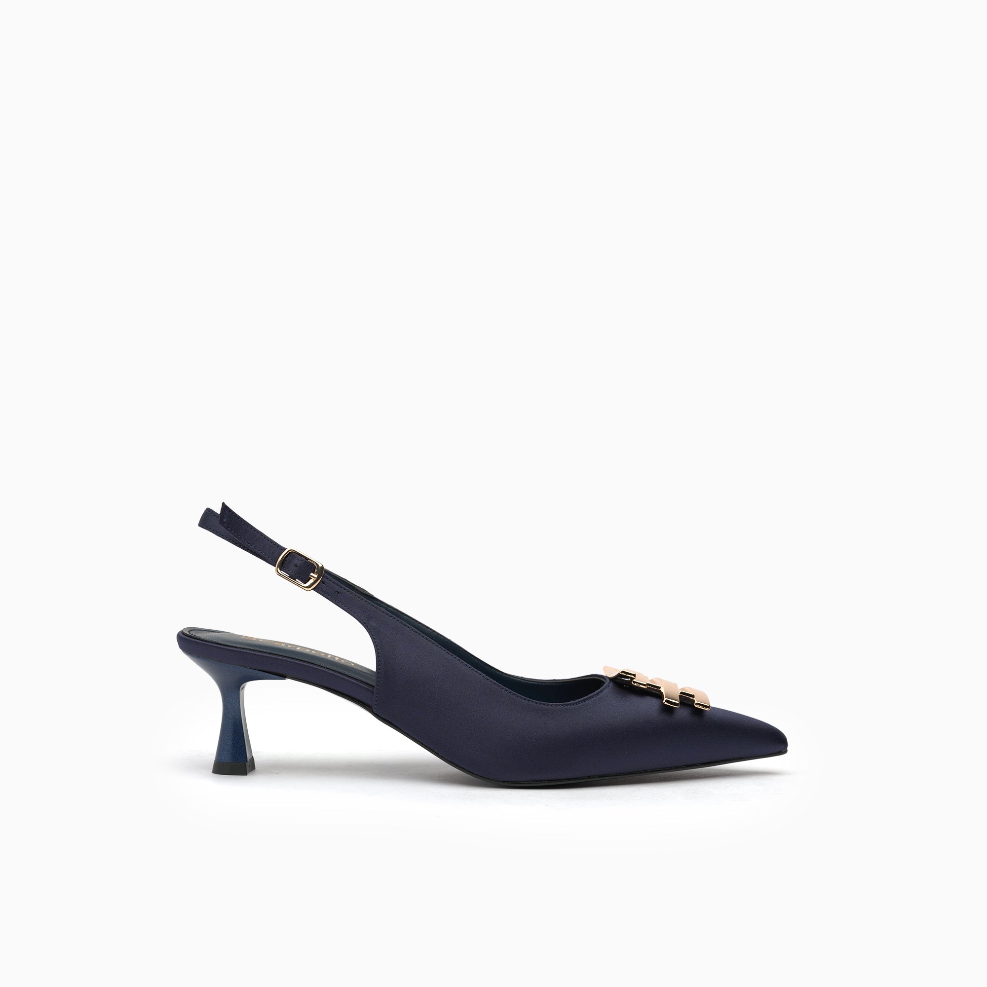 Catena Navy Satin Satin Slingback Pump With Gold Chain Detail — side view | Scarpetto