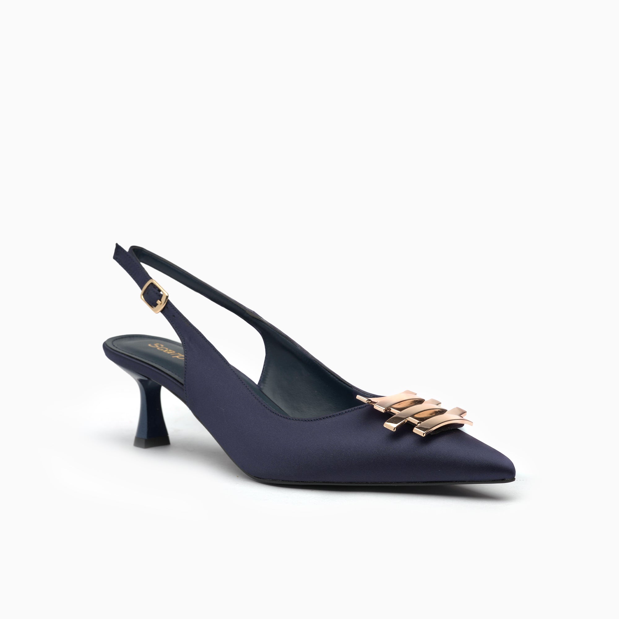 Catena Navy Satin Satin Slingback Pump With Gold Chain Detail — three-quarter view | Scarpetto