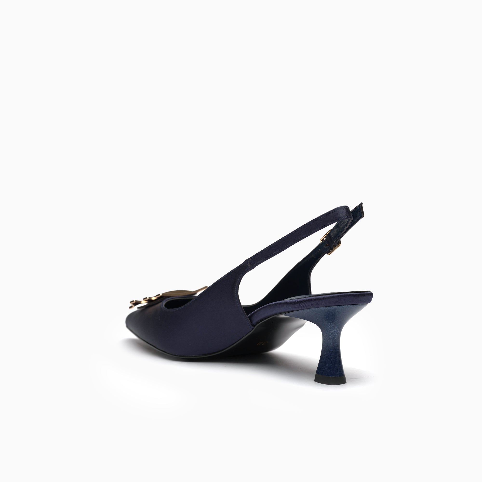 Catena Navy Satin Satin Slingback Pump With Gold Chain Detail — heel detail | Scarpetto