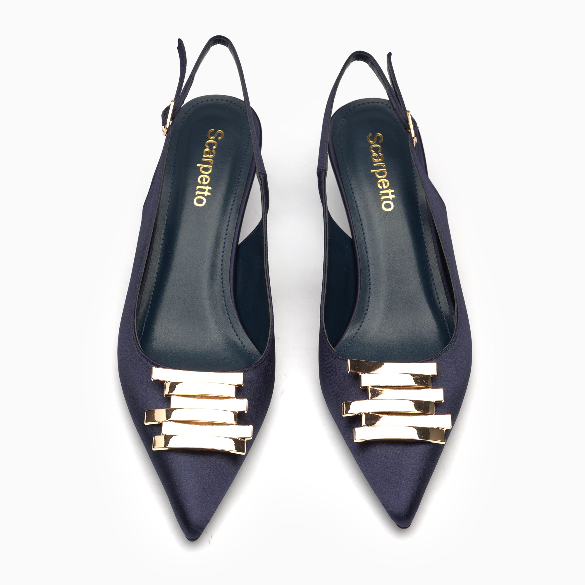 Catena Navy Satin Satin Slingback Pump With Gold Chain Detail — top view | Scarpetto