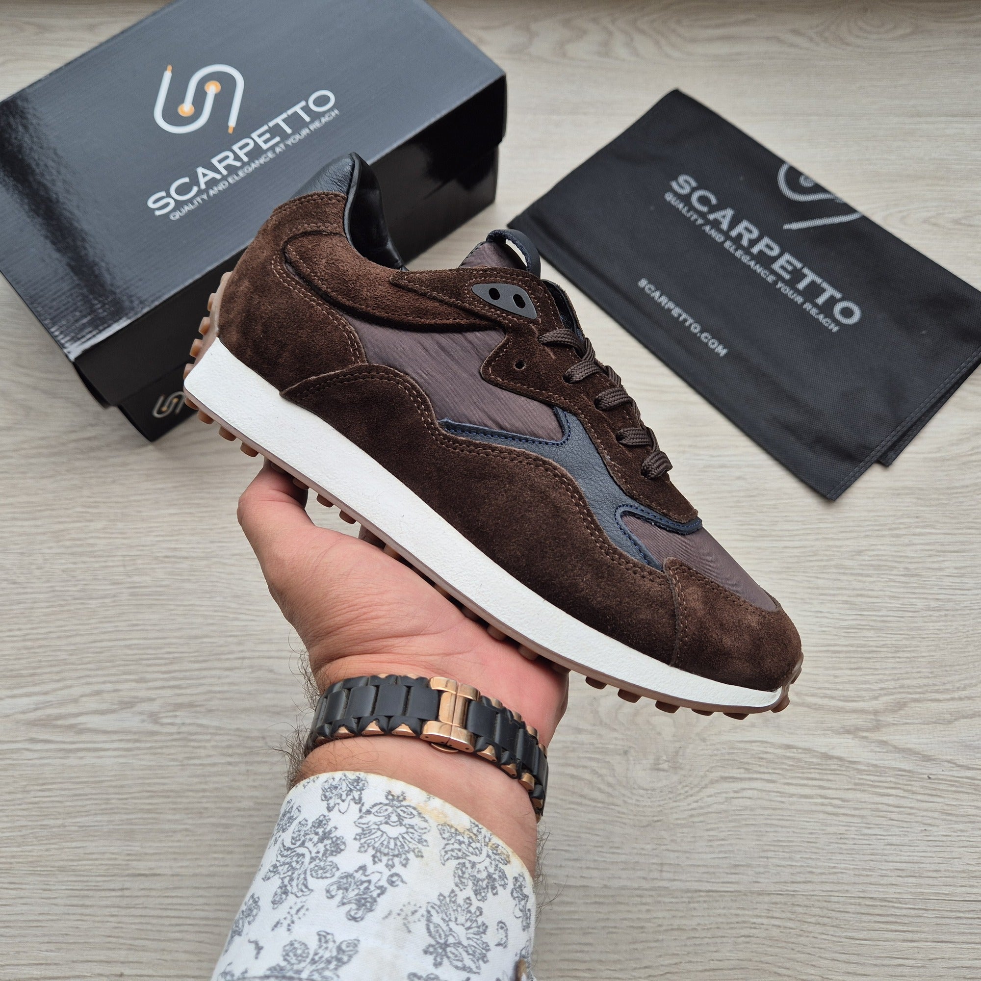 Corsa Espresso Suede Retro Running Sneaker - side view