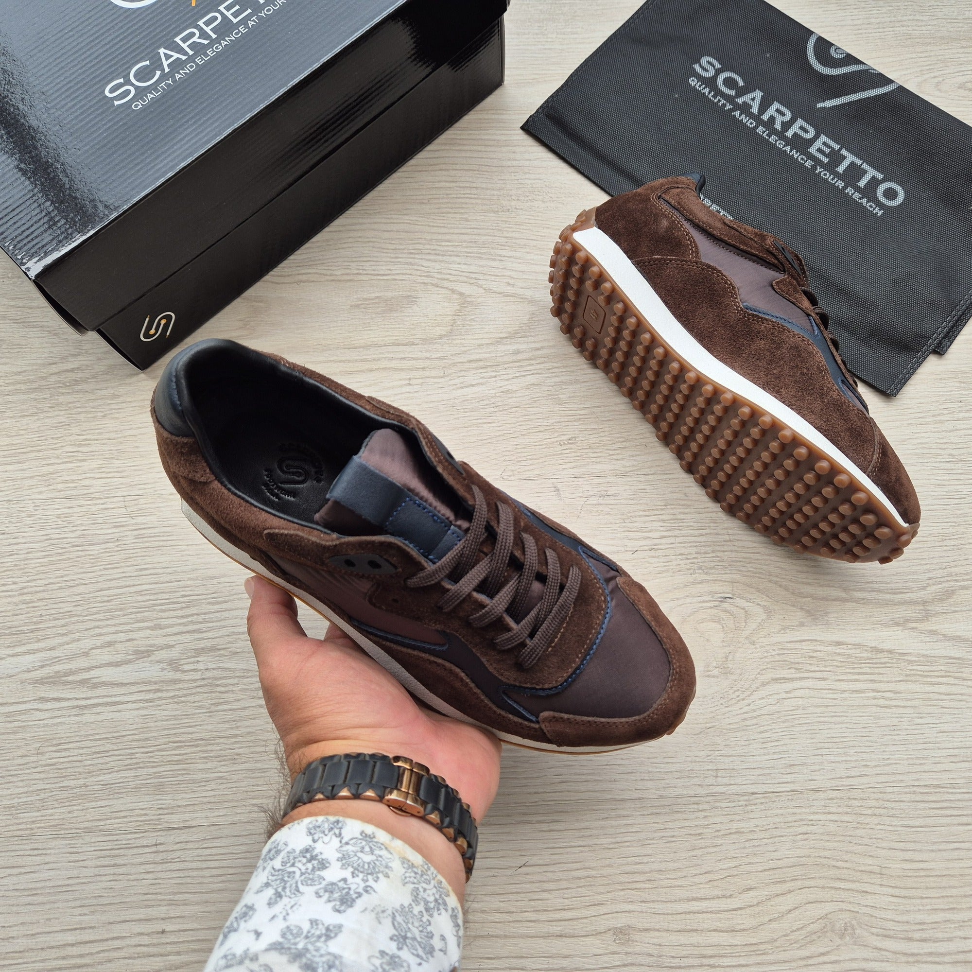 Corsa Espresso Suede Retro Running Sneaker - three-quarter view