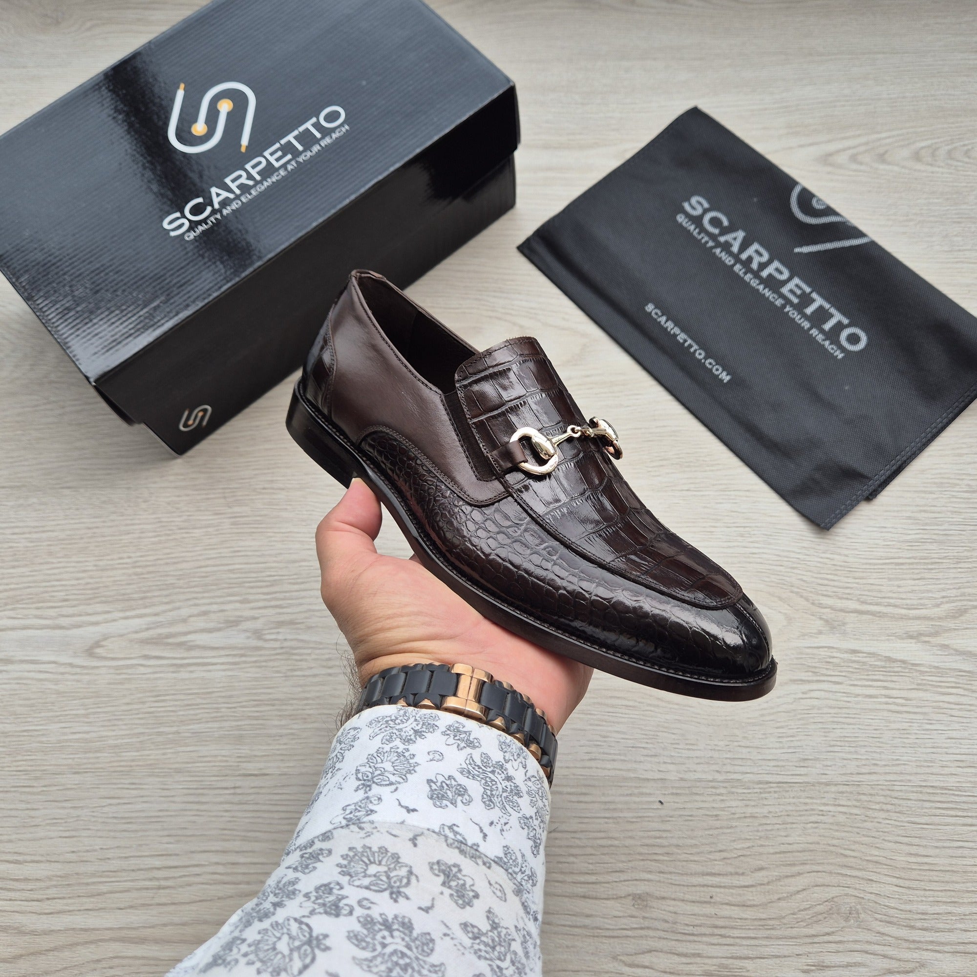 Cosimo Croco Espresso Brown Horsebit Loafer - side view