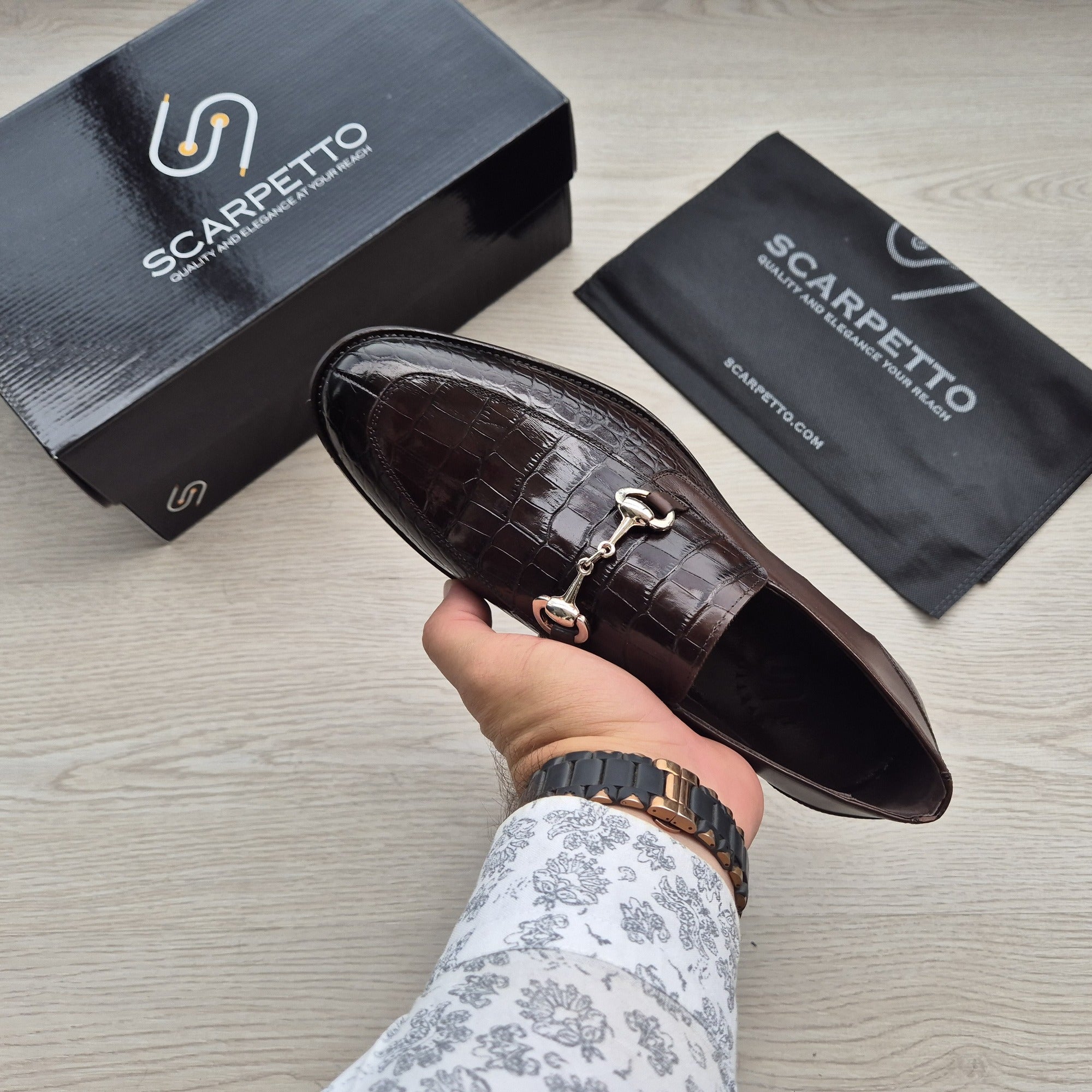 Cosimo Croco Espresso Brown Horsebit Loafer - sole detail