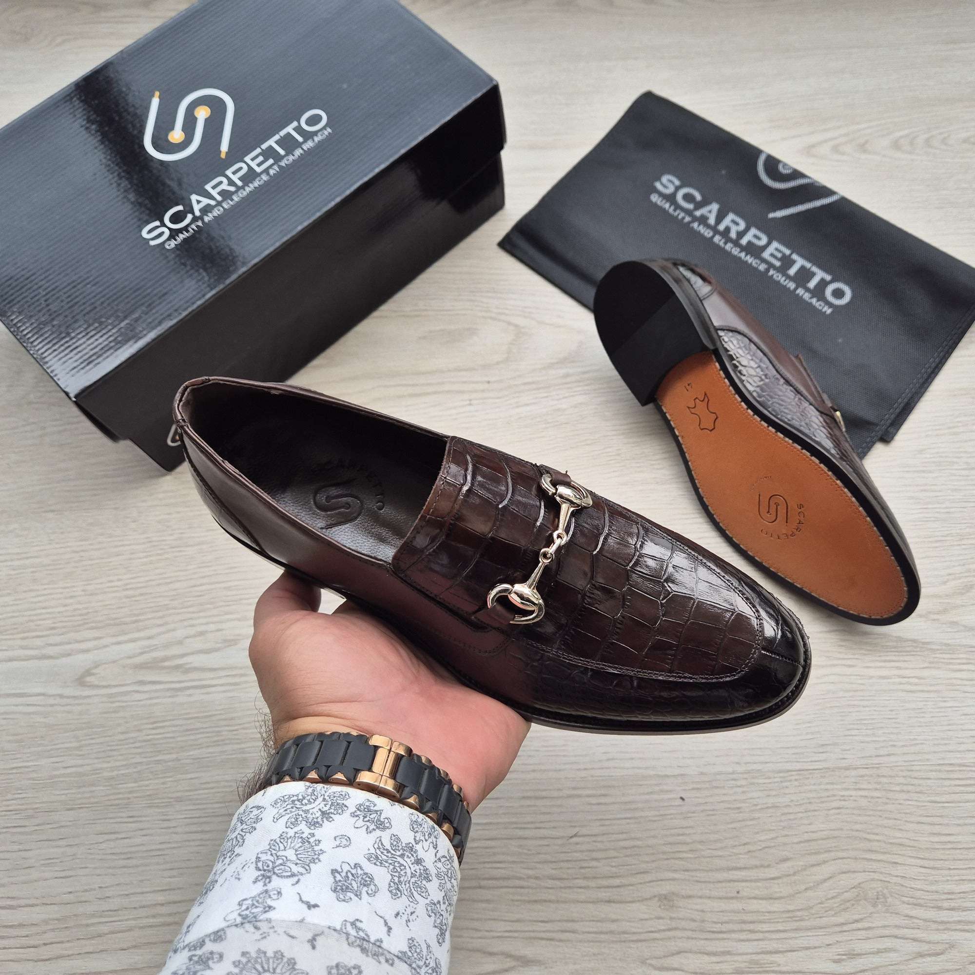 Cosimo Croco Espresso Brown Horsebit Loafer - front view