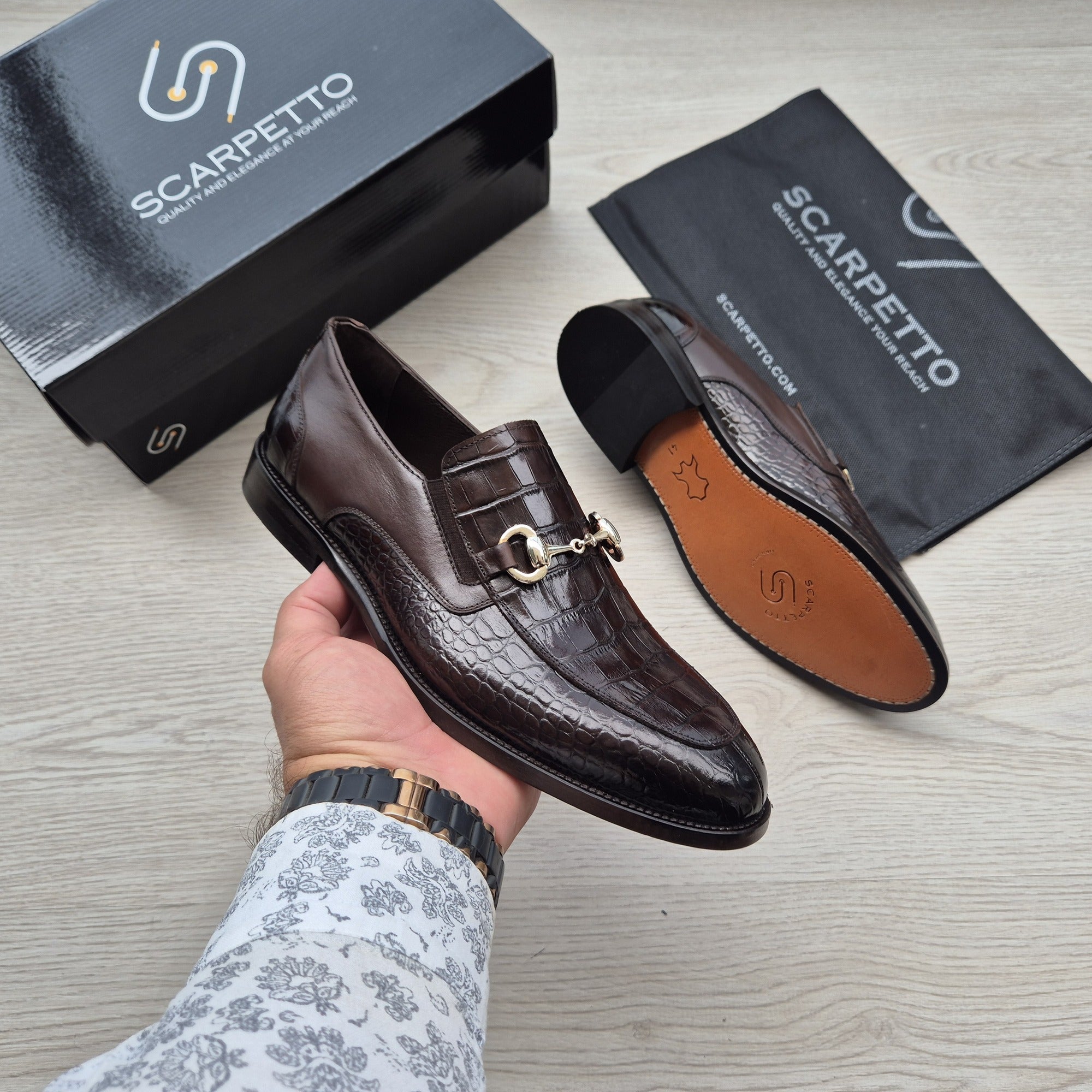 Cosimo Croco Espresso Brown Horsebit Loafer - top view