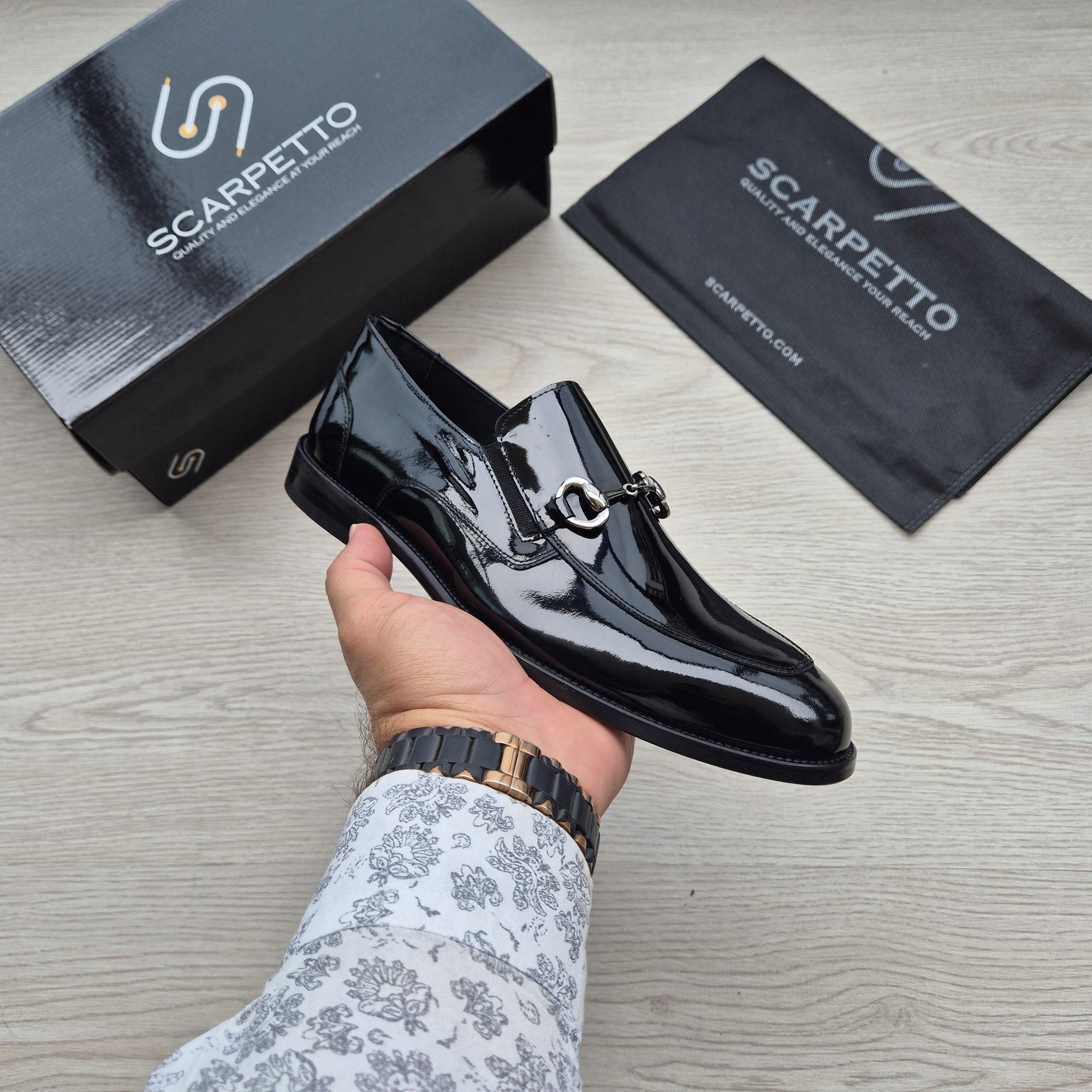 Dante Croco Jet Black Patent Horsebit Loafer - side view