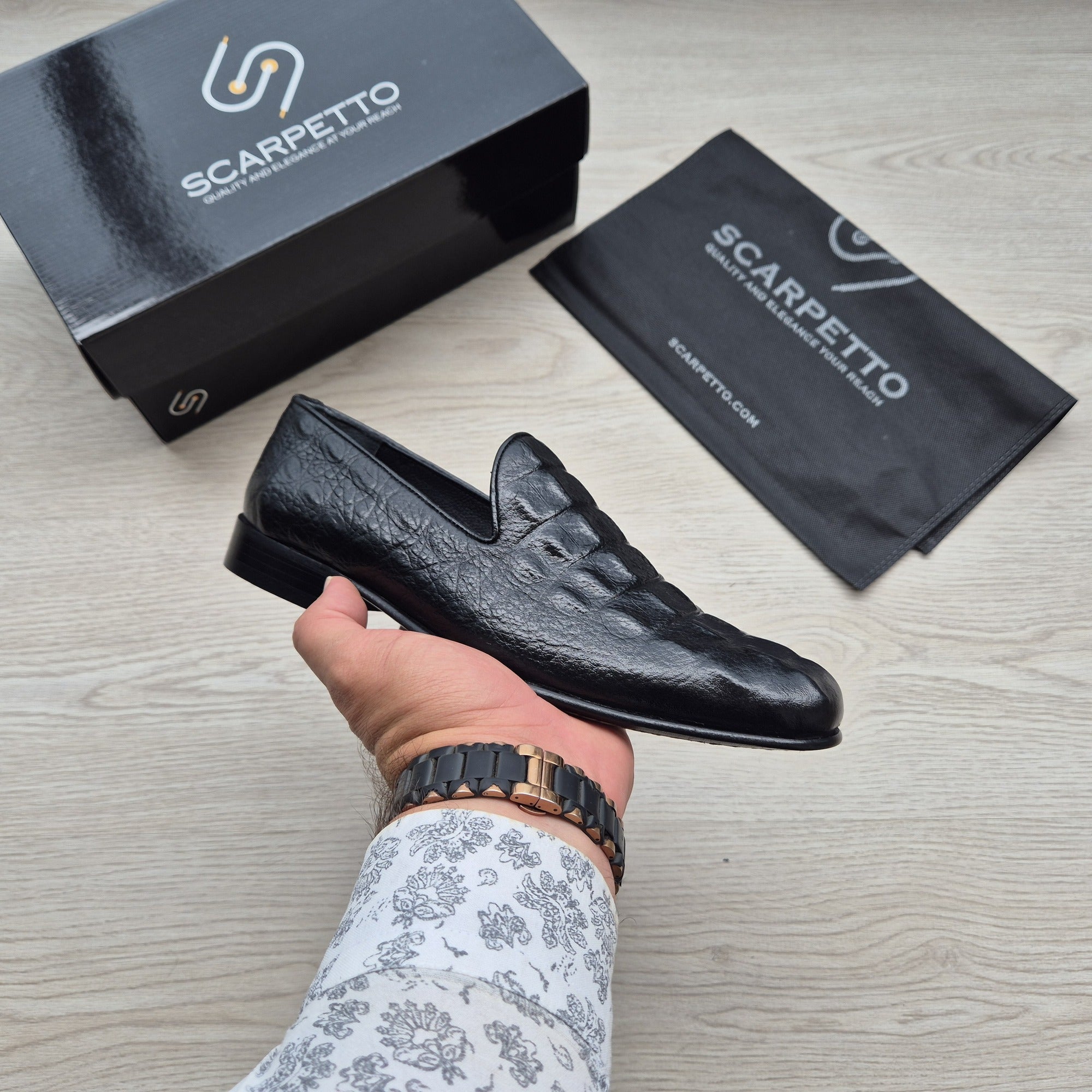 Emiliano Croco Jet Black Venetian Loafer - side view