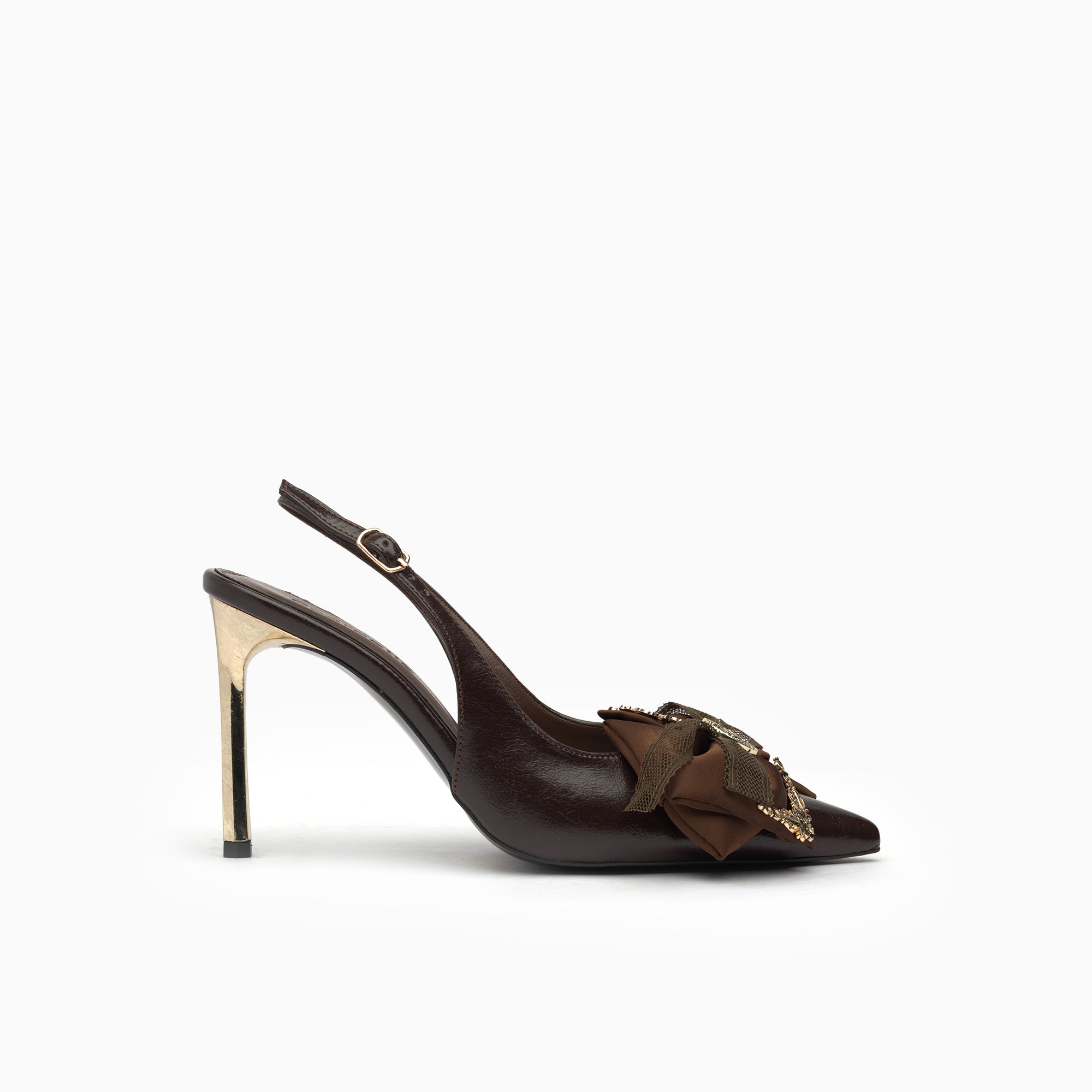 Fiocco Espresso Brown Crystal Bow Slingback Pump With Gold Blade Heel — side view | Scarpetto