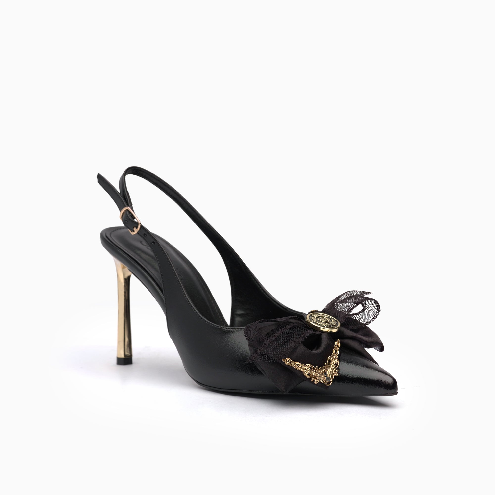 Fiocco Jet Black Crystal Bow Slingback Pump With Gold Blade Heel — three-quarter view | Scarpetto
