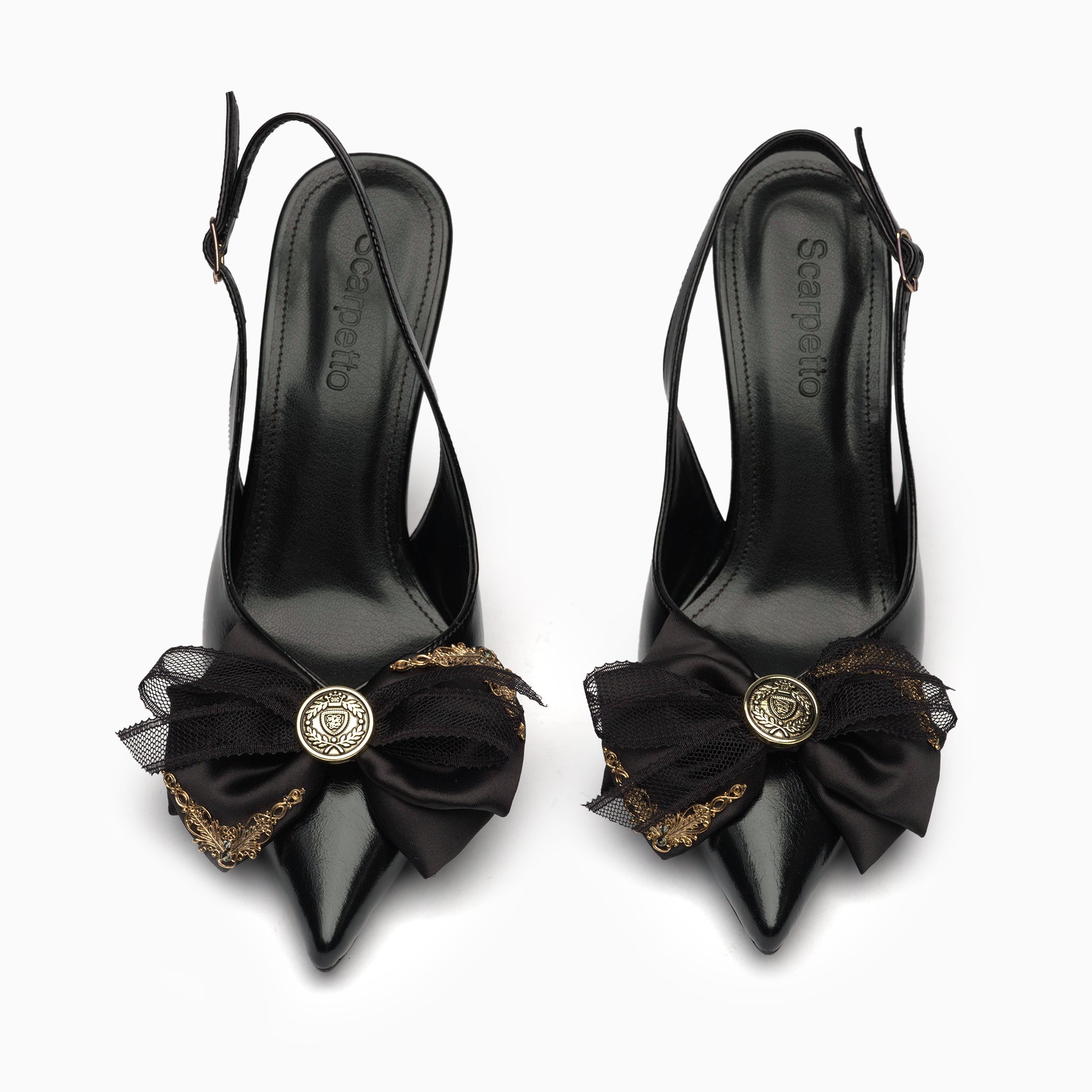 Fiocco Jet Black Crystal Bow Slingback Pump With Gold Blade Heel — top view | Scarpetto