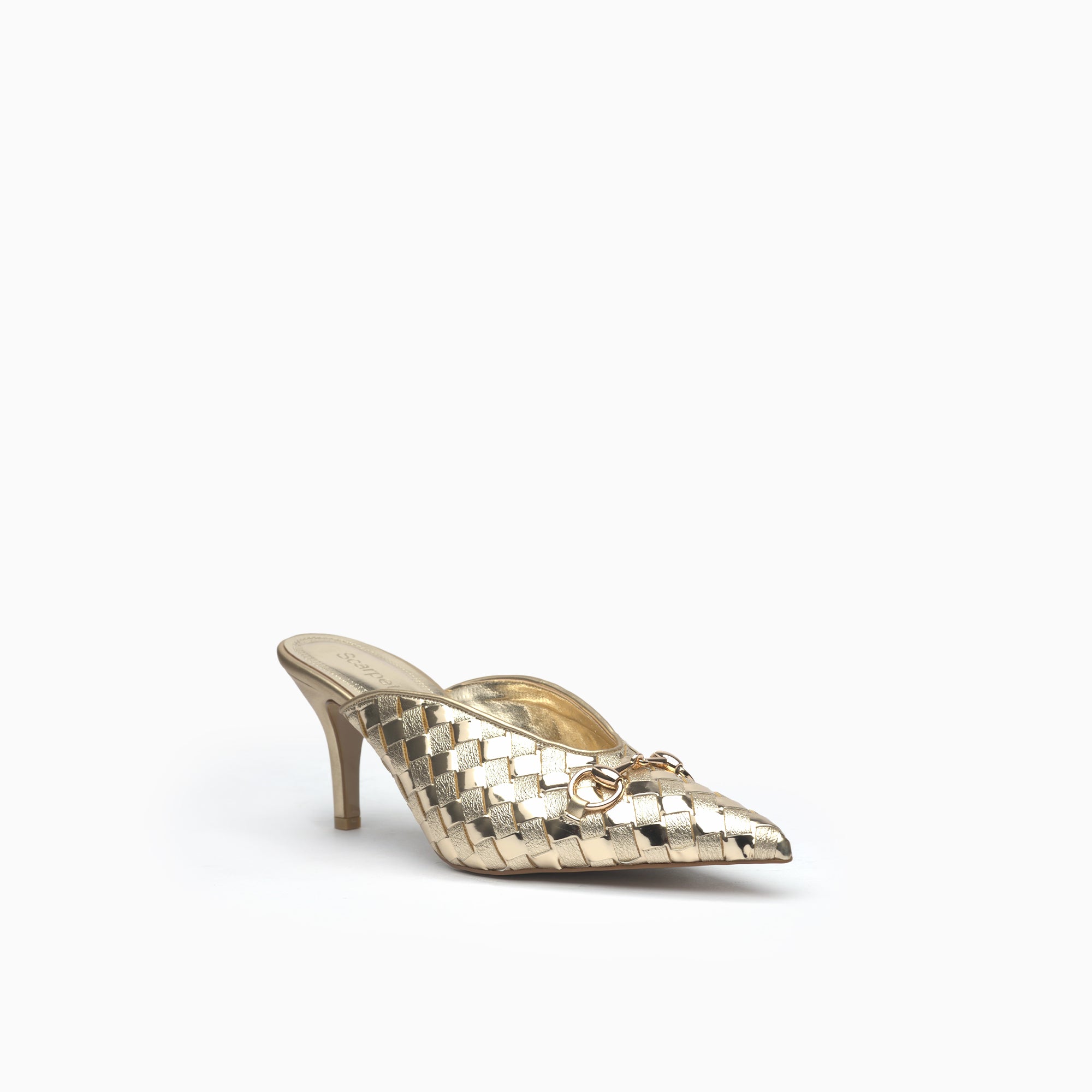 Fiorenza Gold Woven Horsebit Mule — three-quarter view | Scarpetto