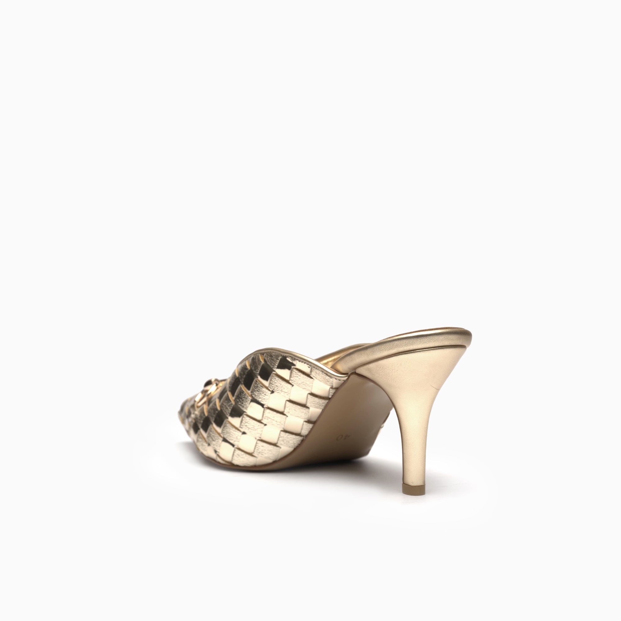 Fiorenza Gold Woven Horsebit Mule — heel detail | Scarpetto