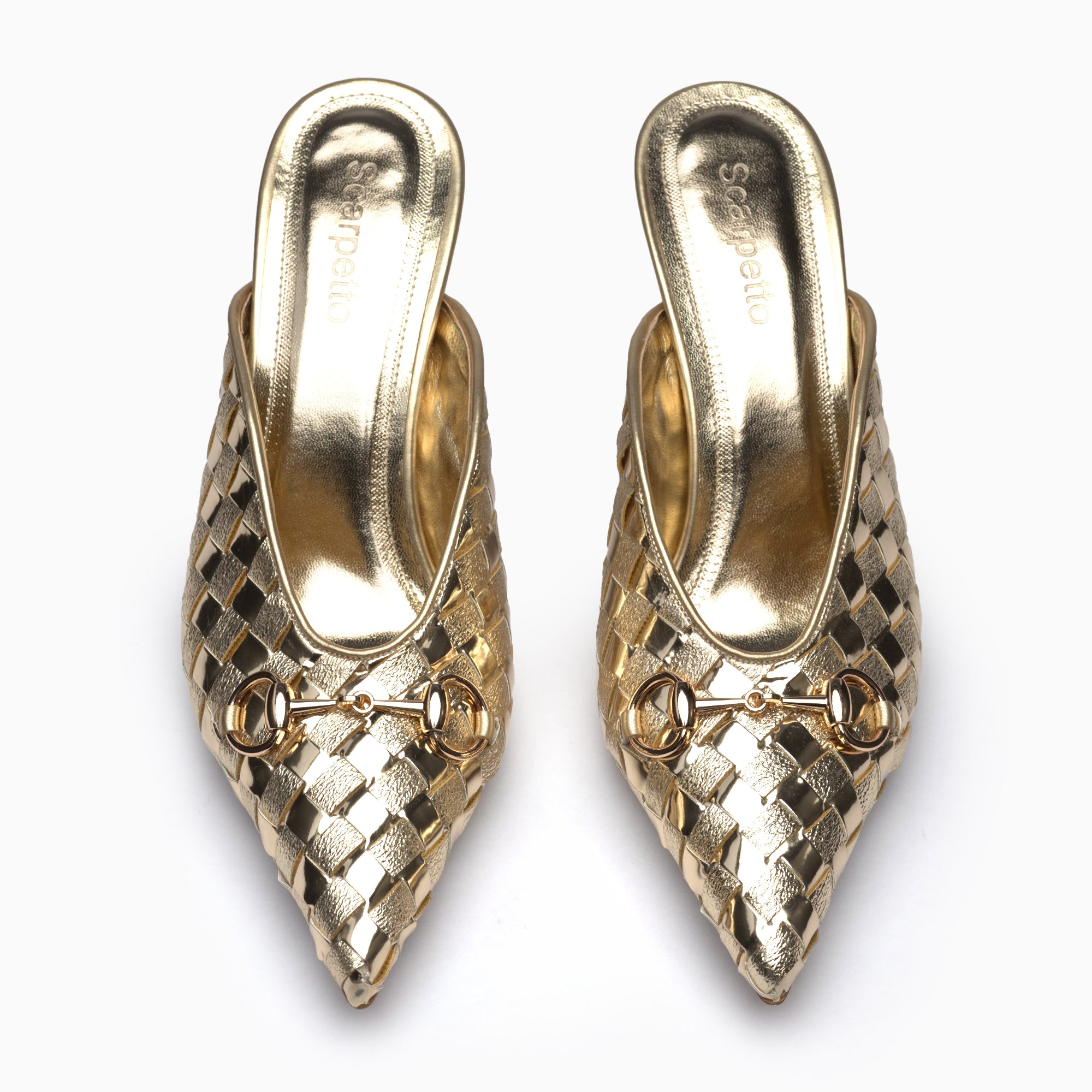 Fiorenza Gold Woven Horsebit Mule — top view | Scarpetto