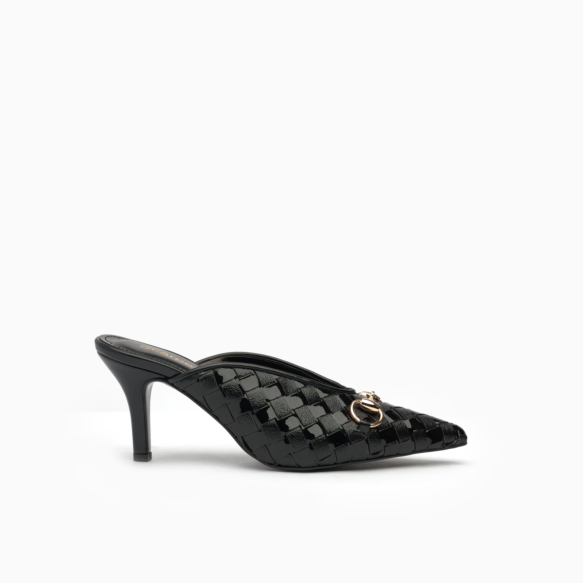 Fiorenza Jet Black Woven Horsebit Mule — side view | Scarpetto