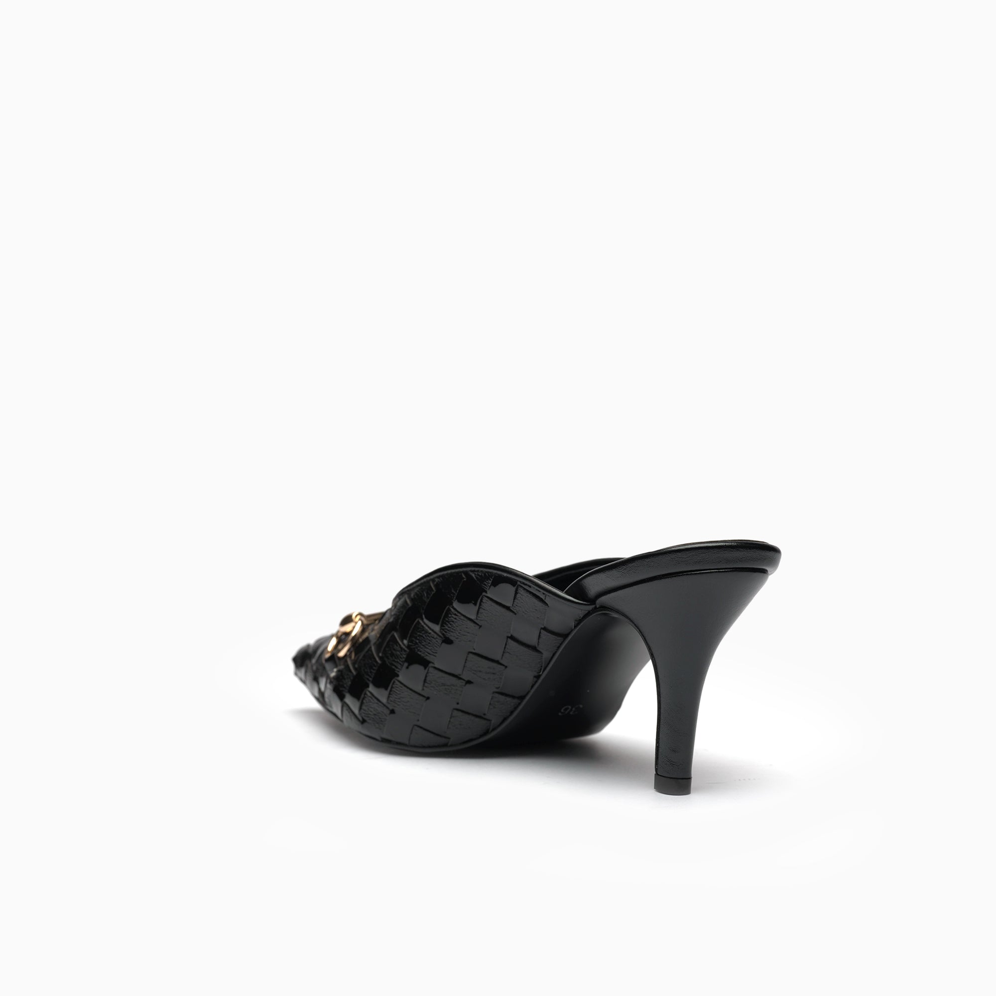 Fiorenza Jet Black Woven Horsebit Mule — heel detail | Scarpetto