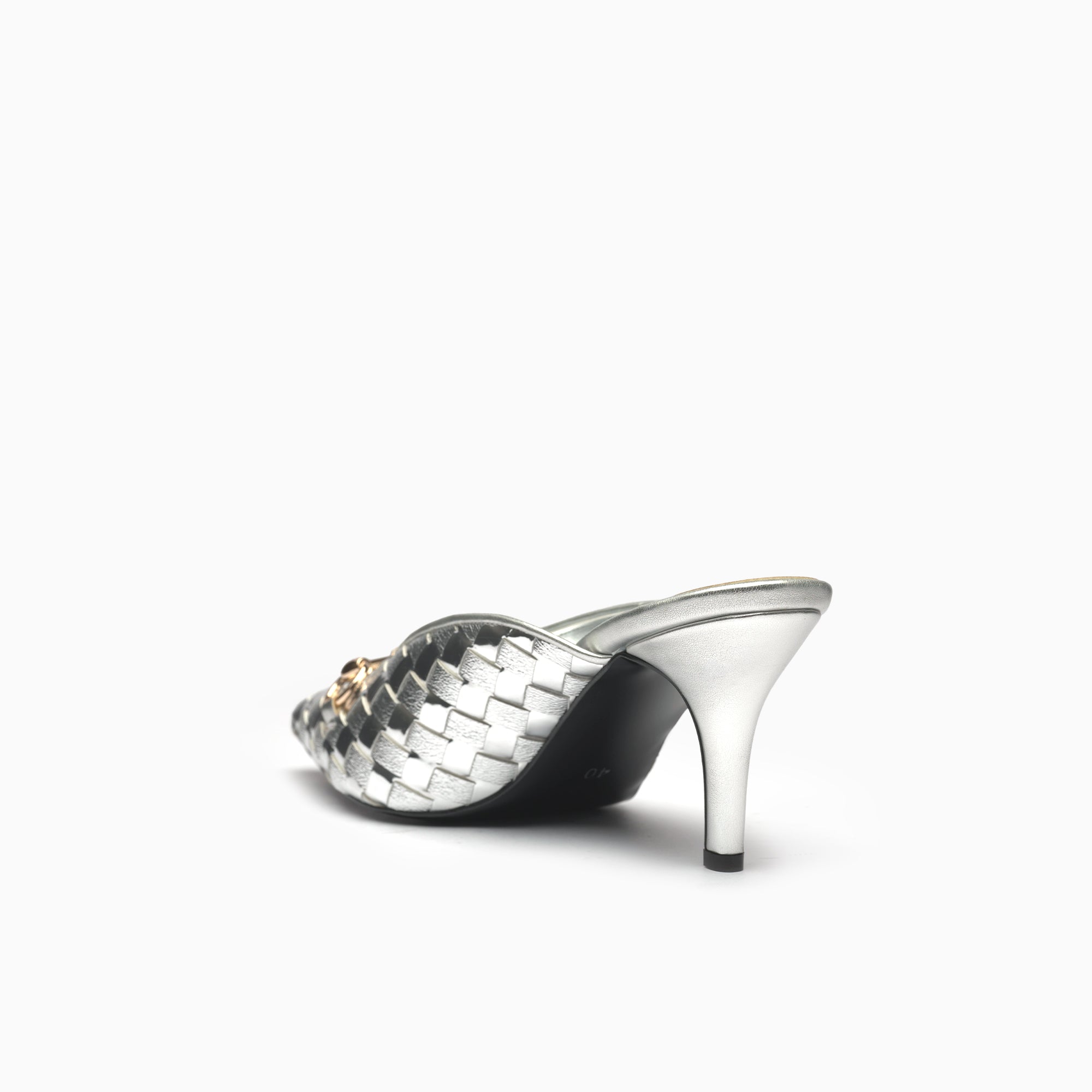 Fiorenza Silver Woven Horsebit Mule — heel detail | Scarpetto
