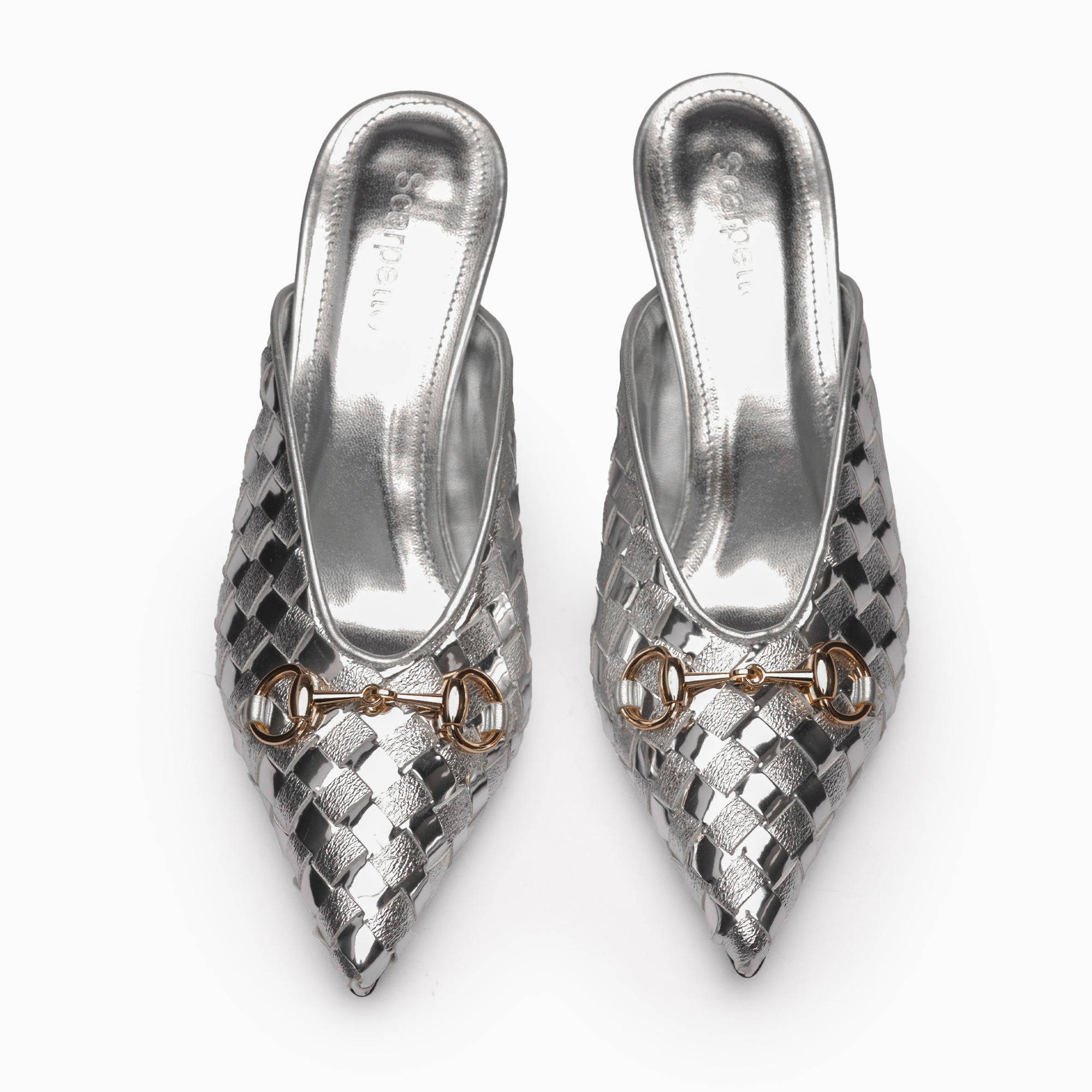 Fiorenza Silver Woven Horsebit Mule — top view | Scarpetto