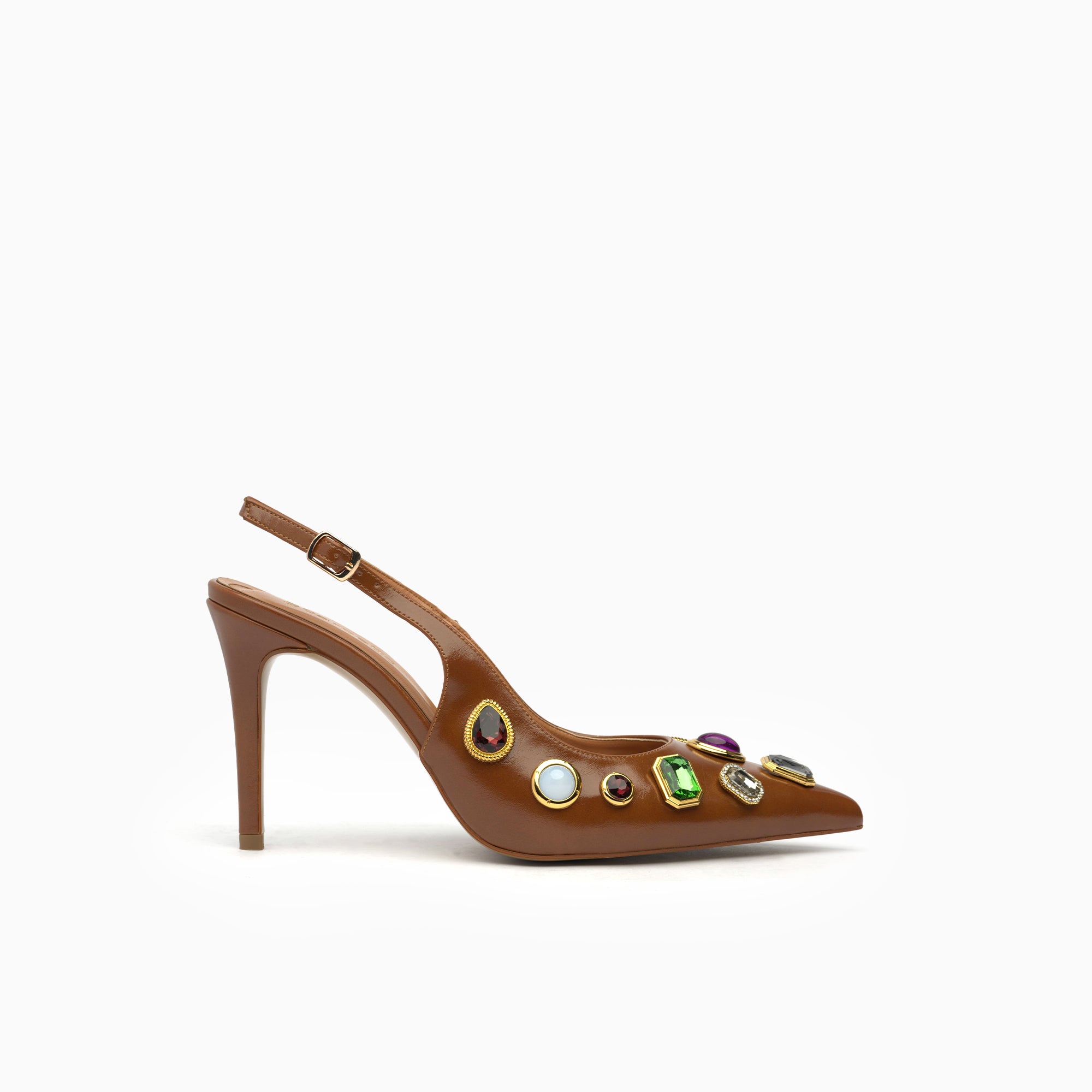 Gemma Cognac Tan Jeweled Slingback Pump — side view | Scarpetto