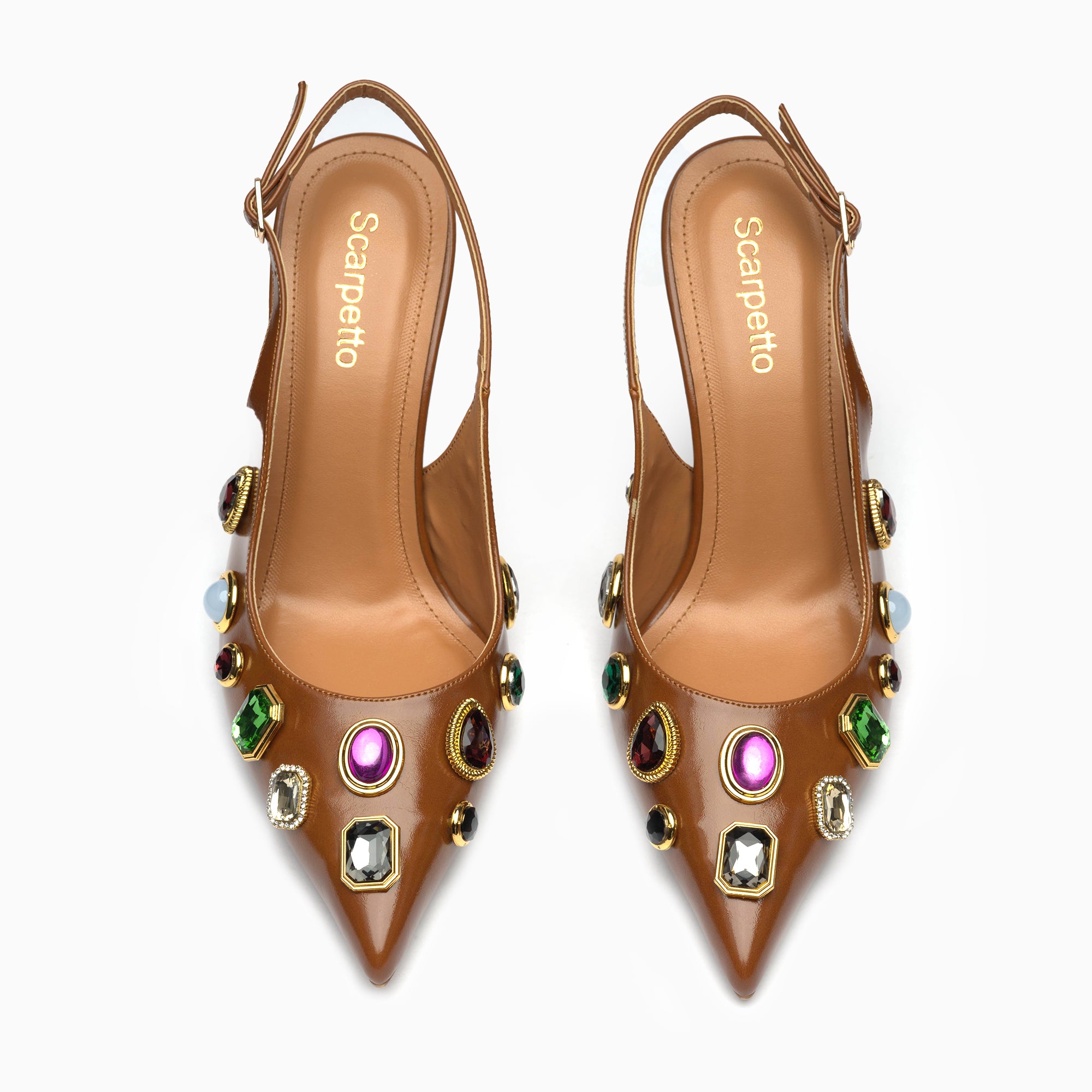Gemma Cognac Tan Jeweled Slingback Pump — top view | Scarpetto