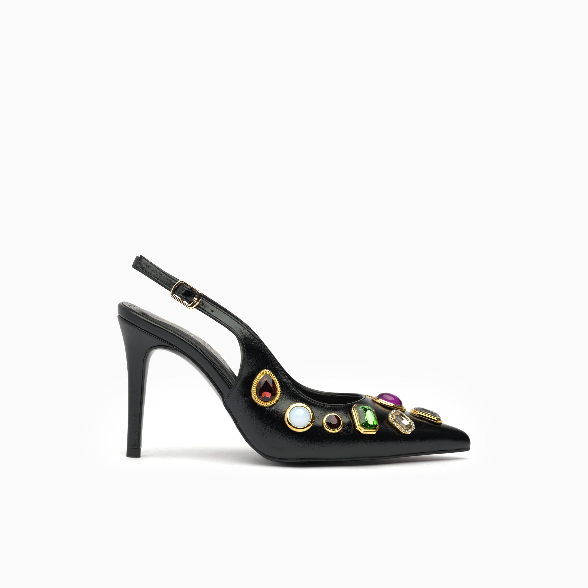 Gemma Jet Black Jeweled Slingback Pump — side view | Scarpetto