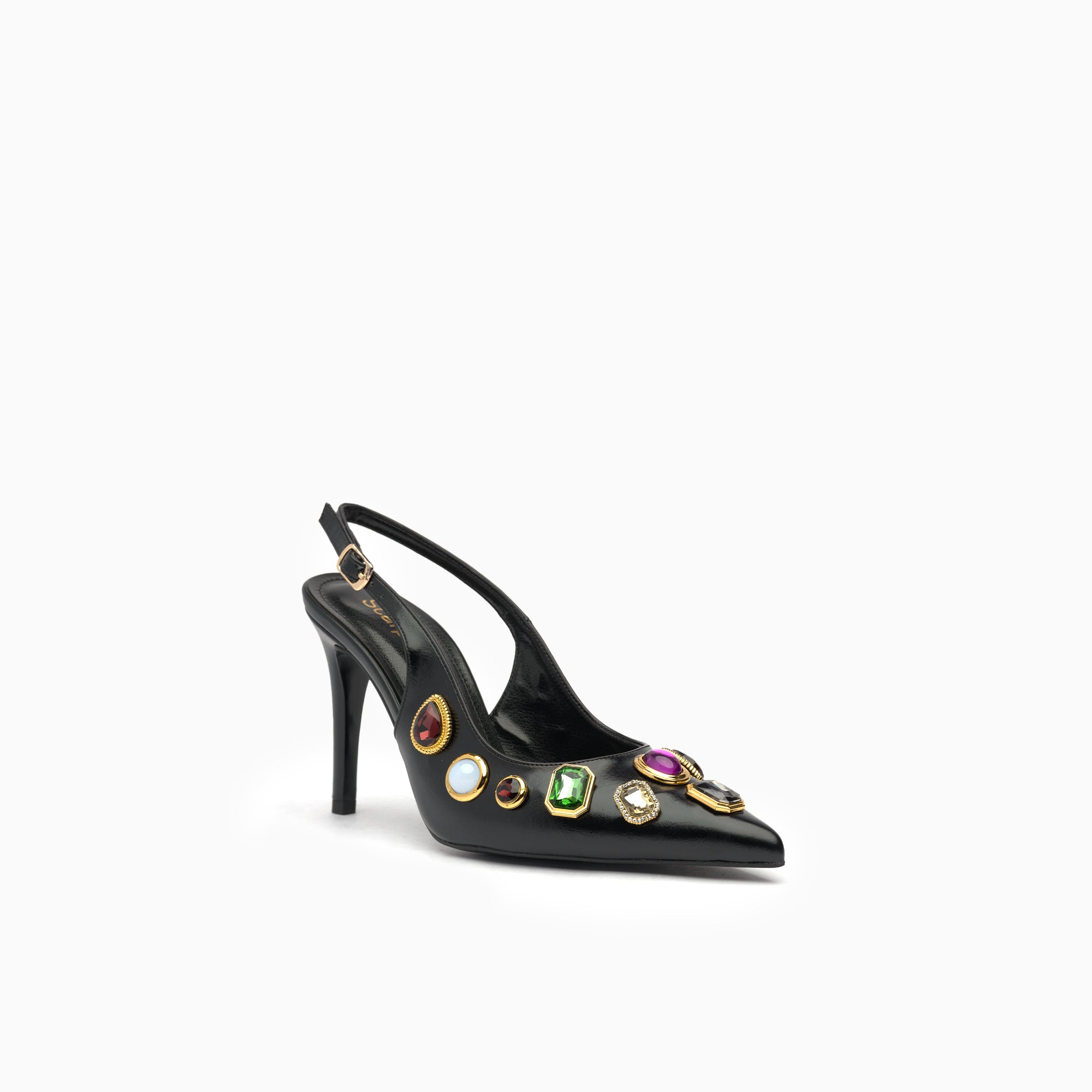 Gemma Jet Black Jeweled Slingback Pump — three-quarter view | Scarpetto