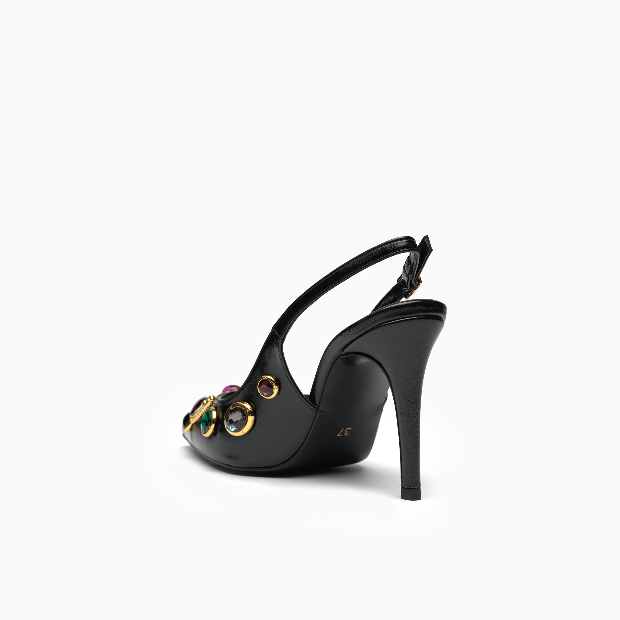 Gemma Jet Black Jeweled Slingback Pump — heel and slingback detail | Scarpetto