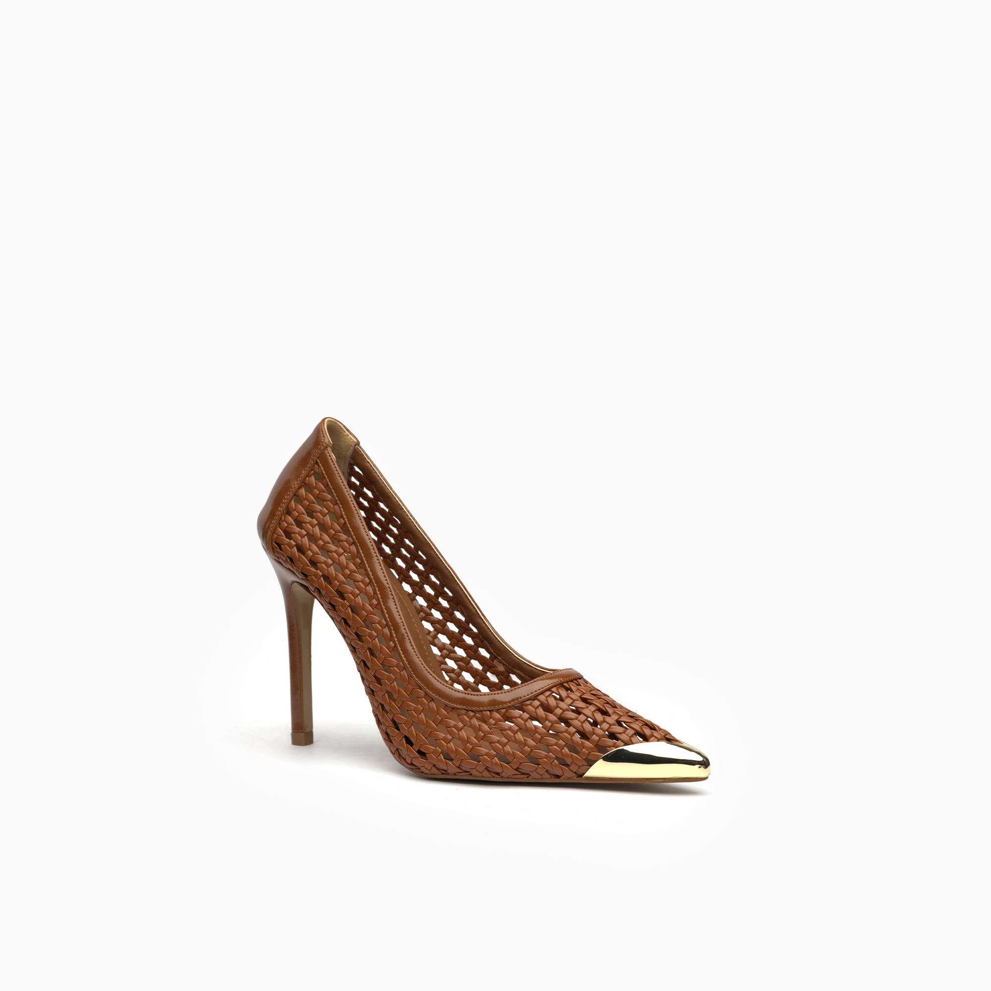 Intreccio Cognac Tan Woven Leather Stiletto Pump With Gold Toe Cap — three-quarter view | Scarpetto