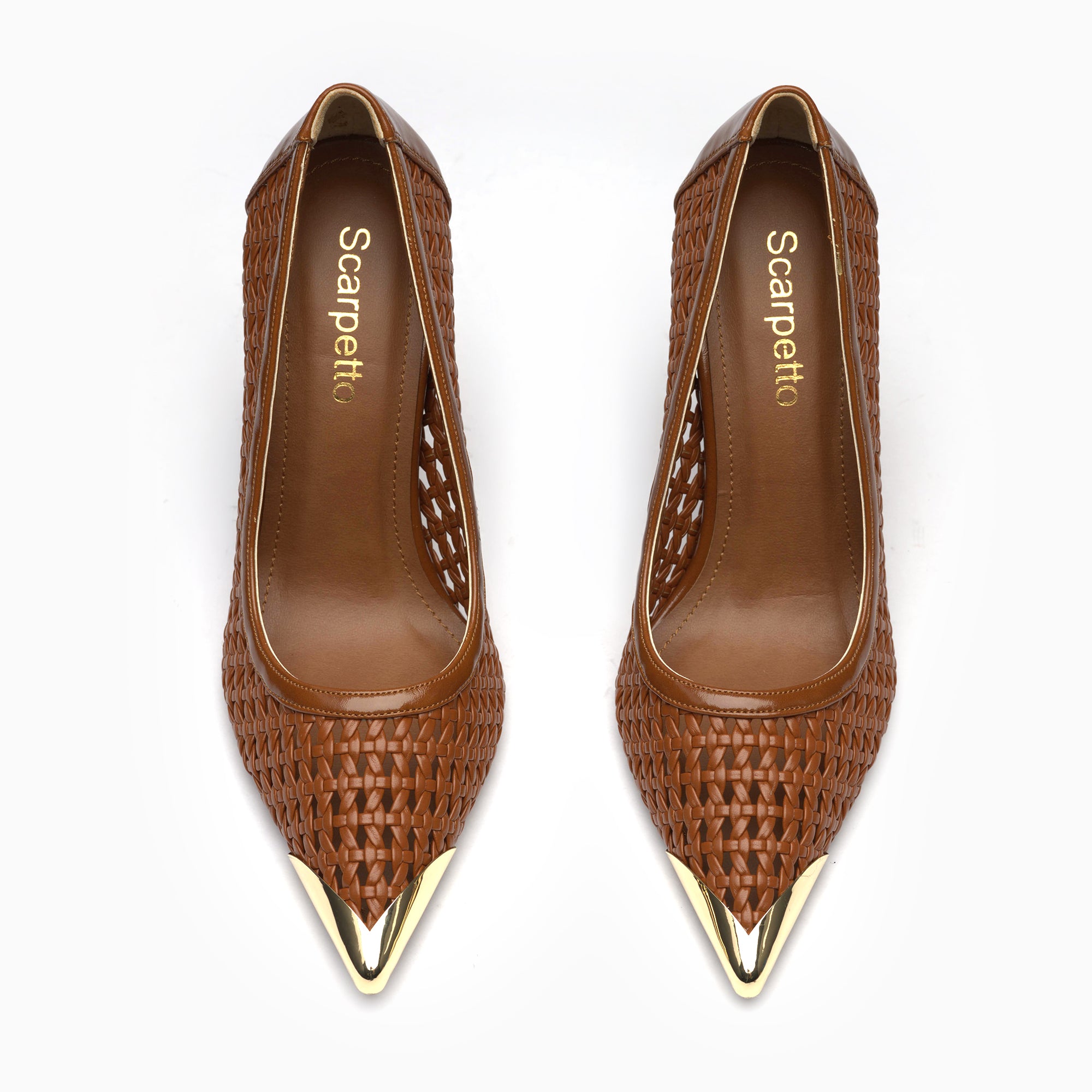 Intreccio Cognac Tan Woven Leather Stiletto Pump With Gold Toe Cap — top view | Scarpetto