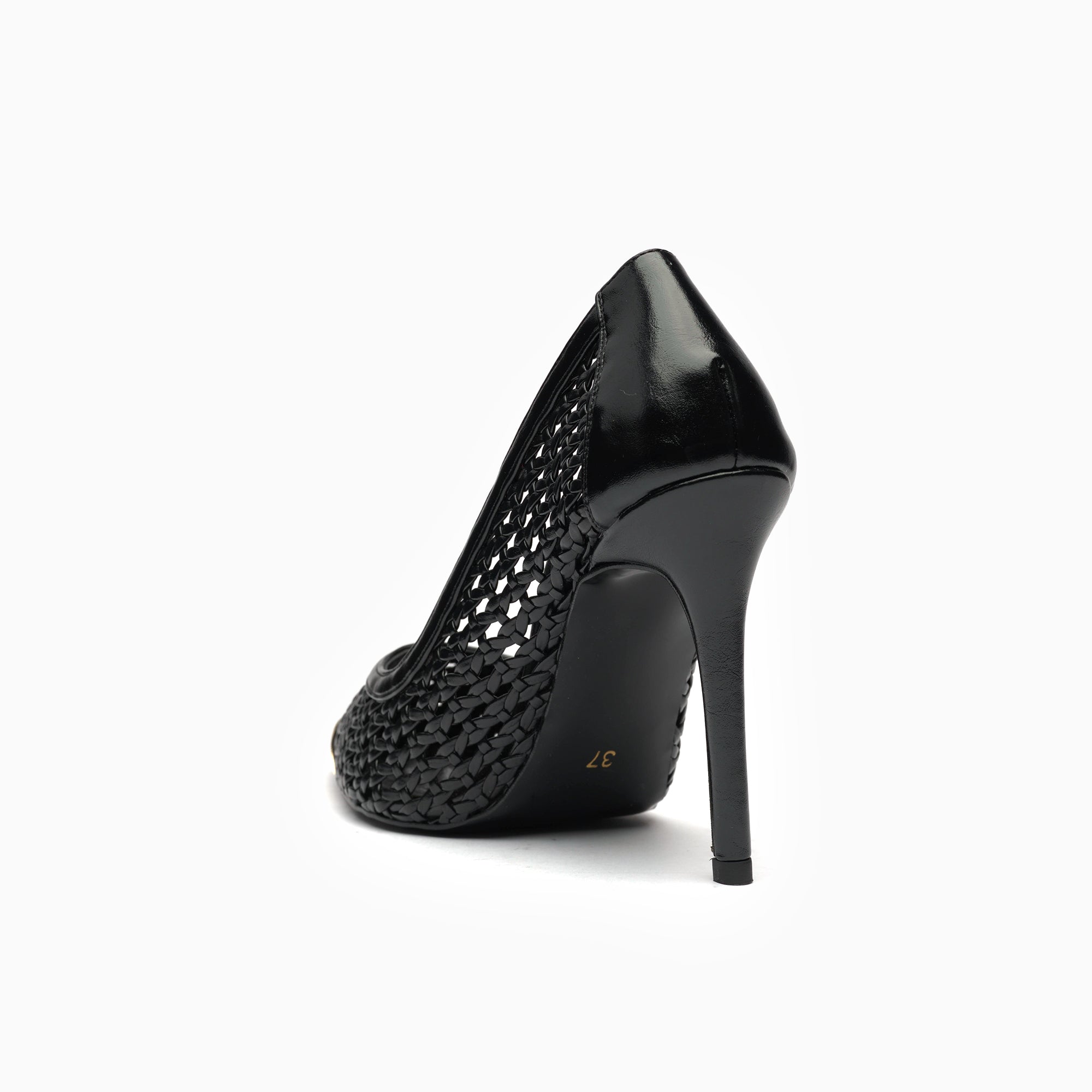 Intreccio Jet Black Woven Leather Stiletto Pump With Gold Toe Cap — heel detail | Scarpetto