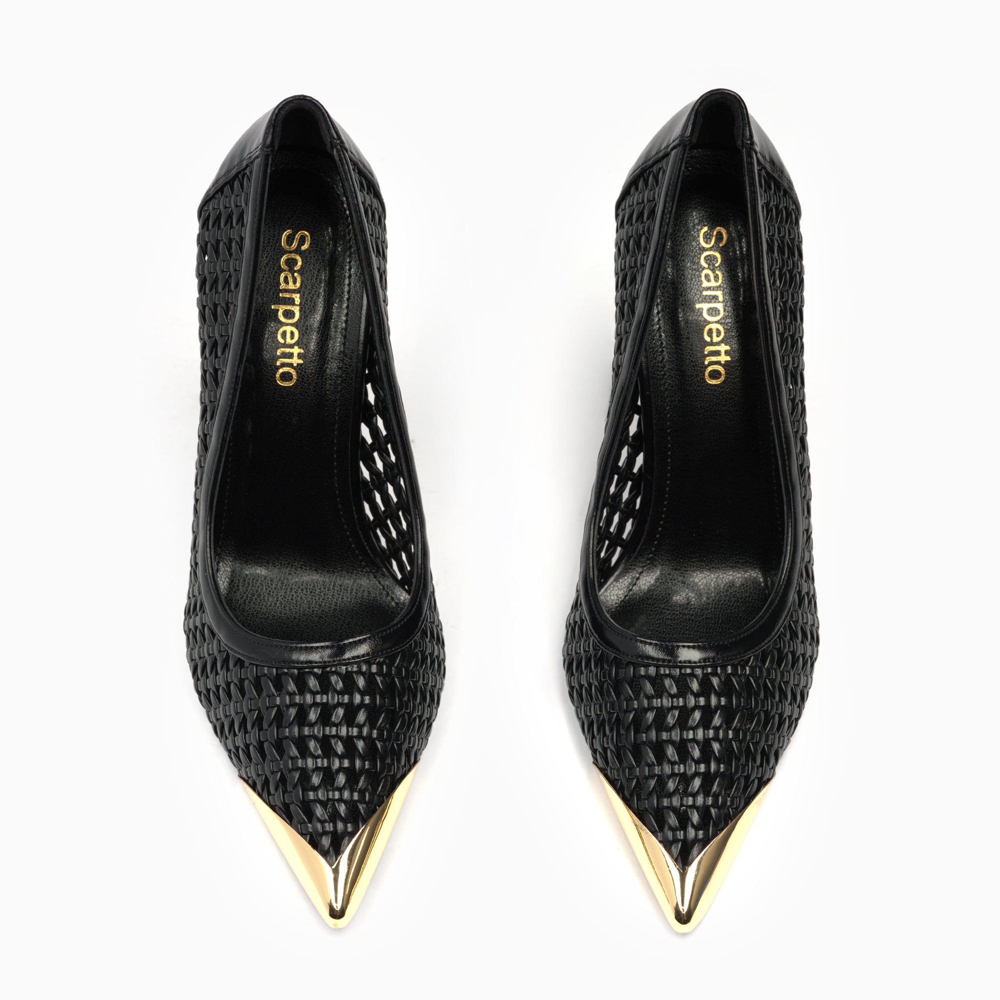 Intreccio Jet Black Woven Leather Stiletto Pump With Gold Toe Cap — top view | Scarpetto