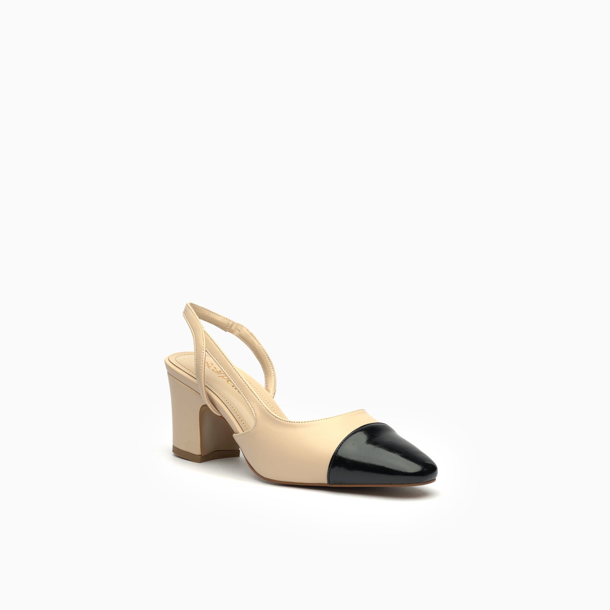 Marcella Cream & Black Block-Heel Cap-Toe Slingback Pump — three-quarter view | Scarpetto