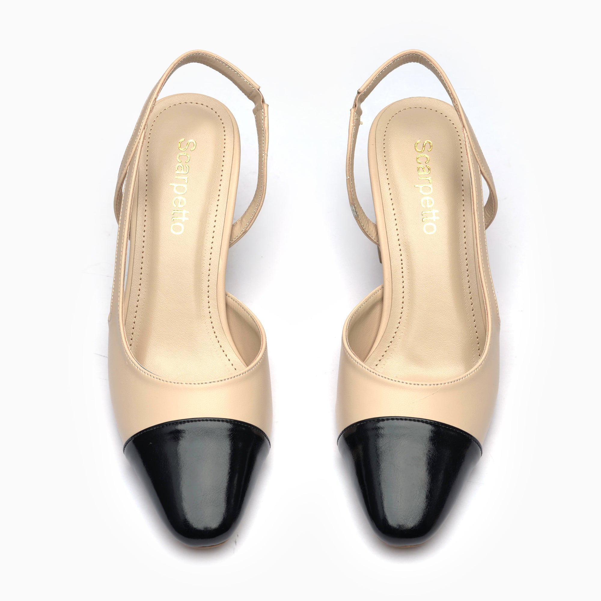 Marcella Cream & Black Block-Heel Cap-Toe Slingback Pump — top view | Scarpetto