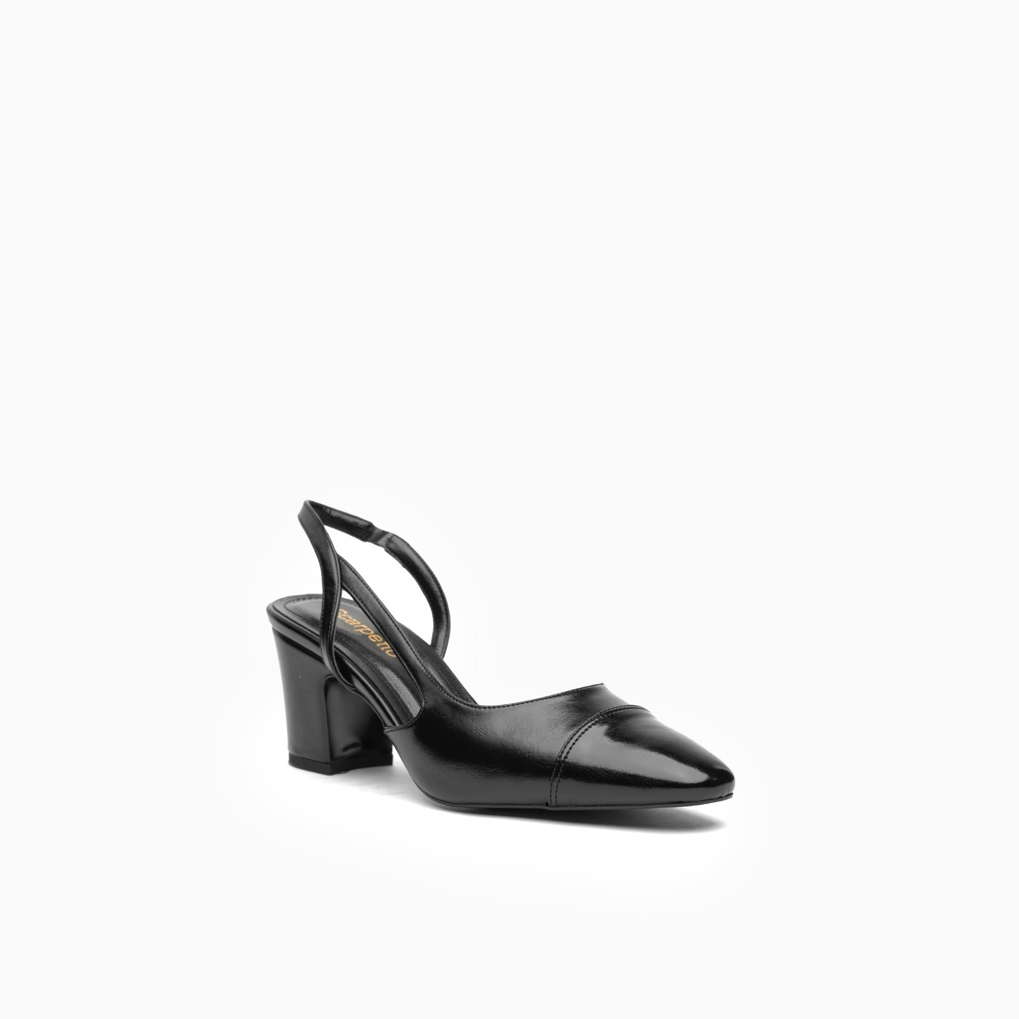 Marcella Jet Black Block-Heel Cap-Toe Slingback Pump — three-quarter view | Scarpetto