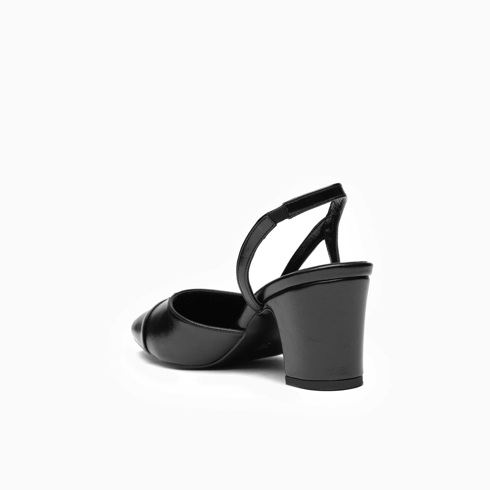 Marcella Jet Black Block-Heel Cap-Toe Slingback Pump — heel detail | Scarpetto