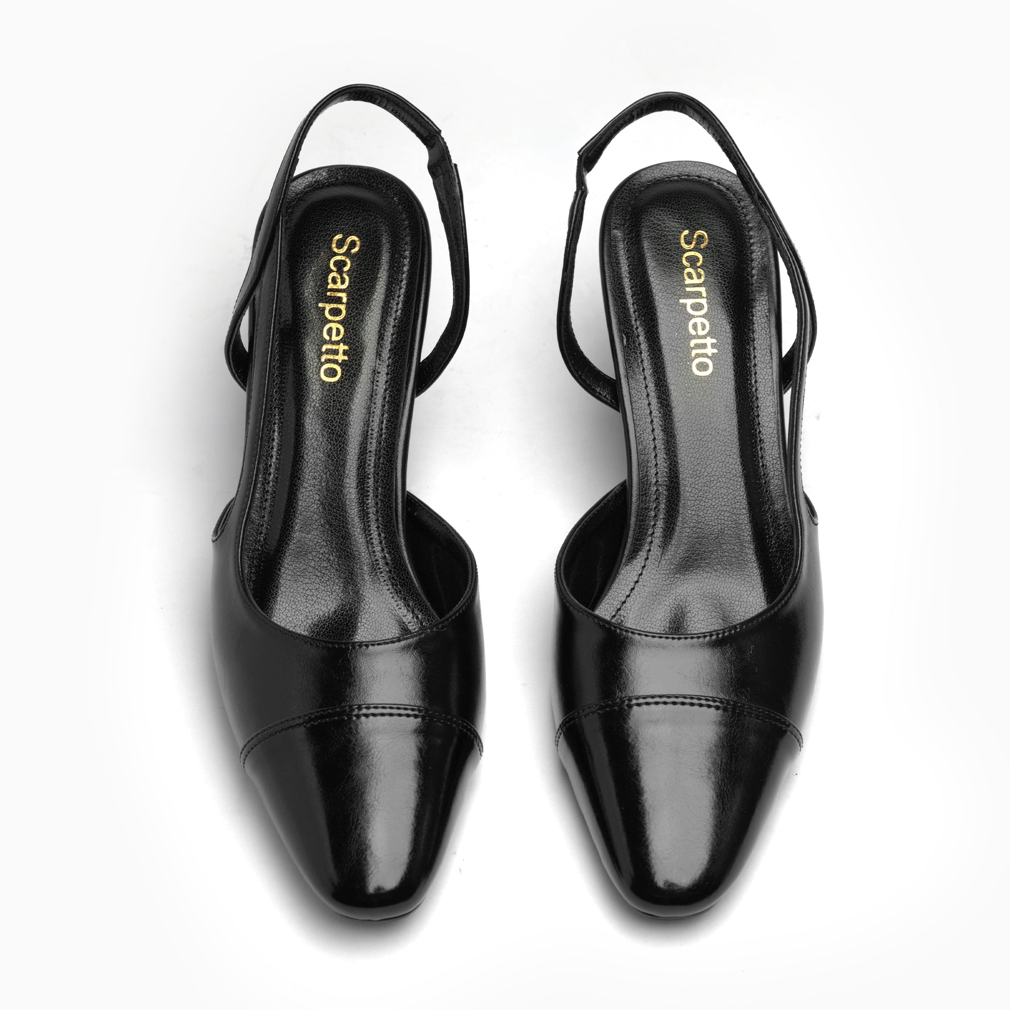 Marcella Jet Black Block-Heel Cap-Toe Slingback Pump — top view | Scarpetto