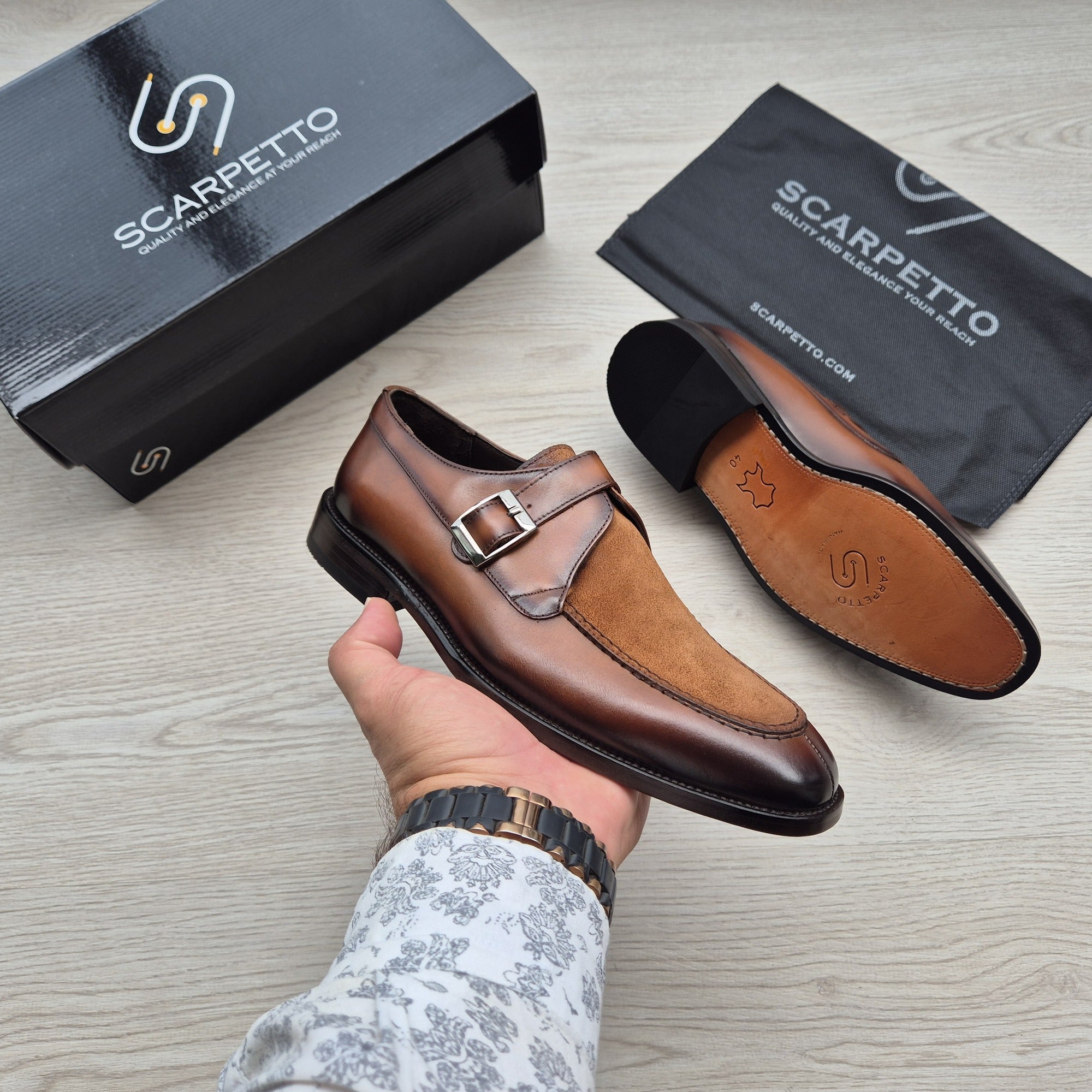 Massimo Cognac Suede-Toe Single Monk Strap — sole detail | Scarpetto